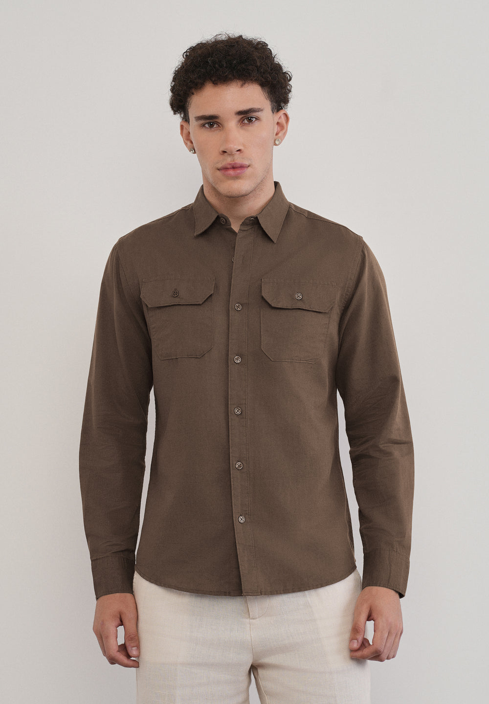 Coffee Brown Cotton Linen Flap Pocket Shirt
