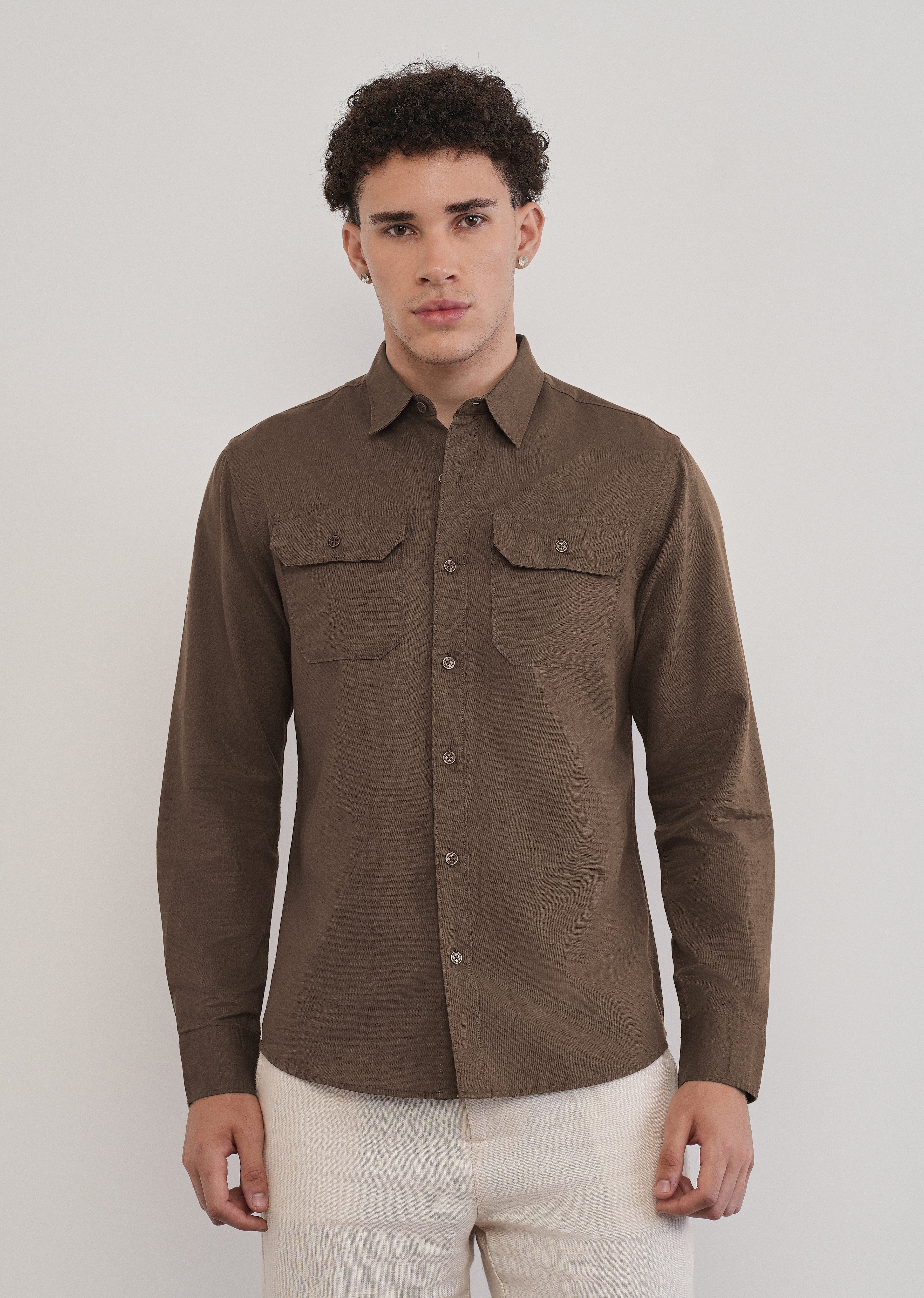 Coffee Brown Cotton Linen Flap Pocket Shirt