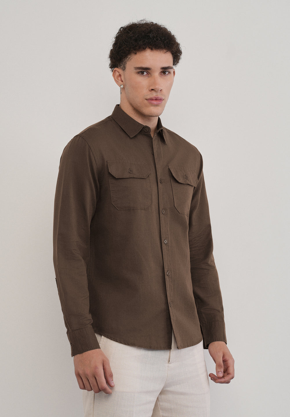 Coffee Brown Cotton Linen Flap Pocket Shirt