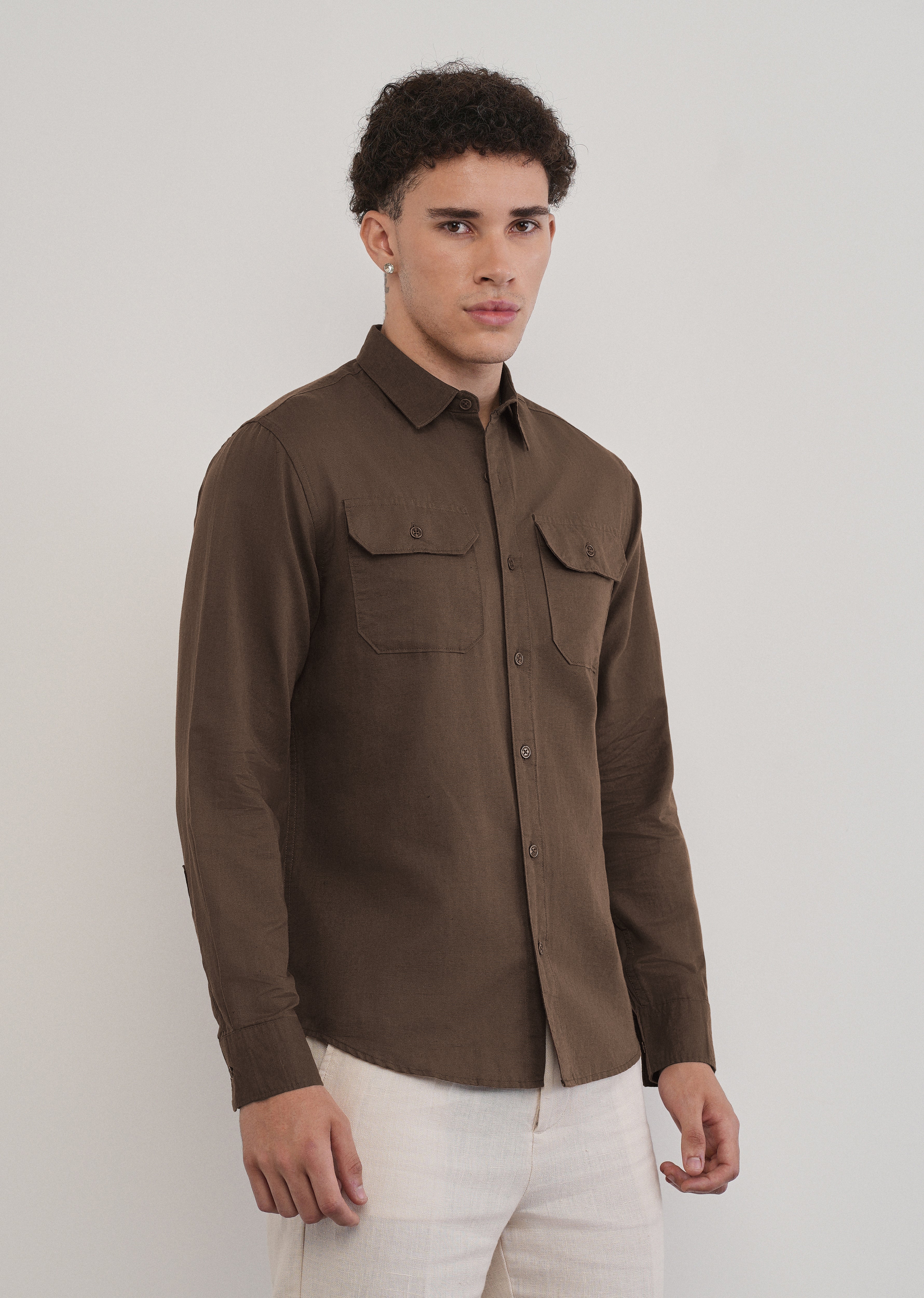 Coffee Brown Cotton Linen Flap Pocket Shirt