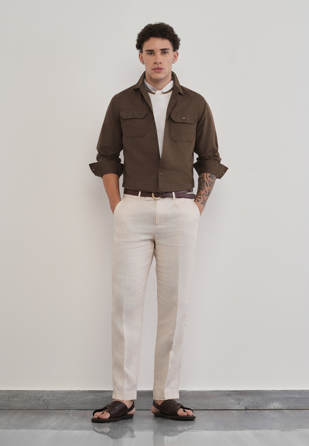 Coffee Brown Cotton Linen Flap Pocket Shirt