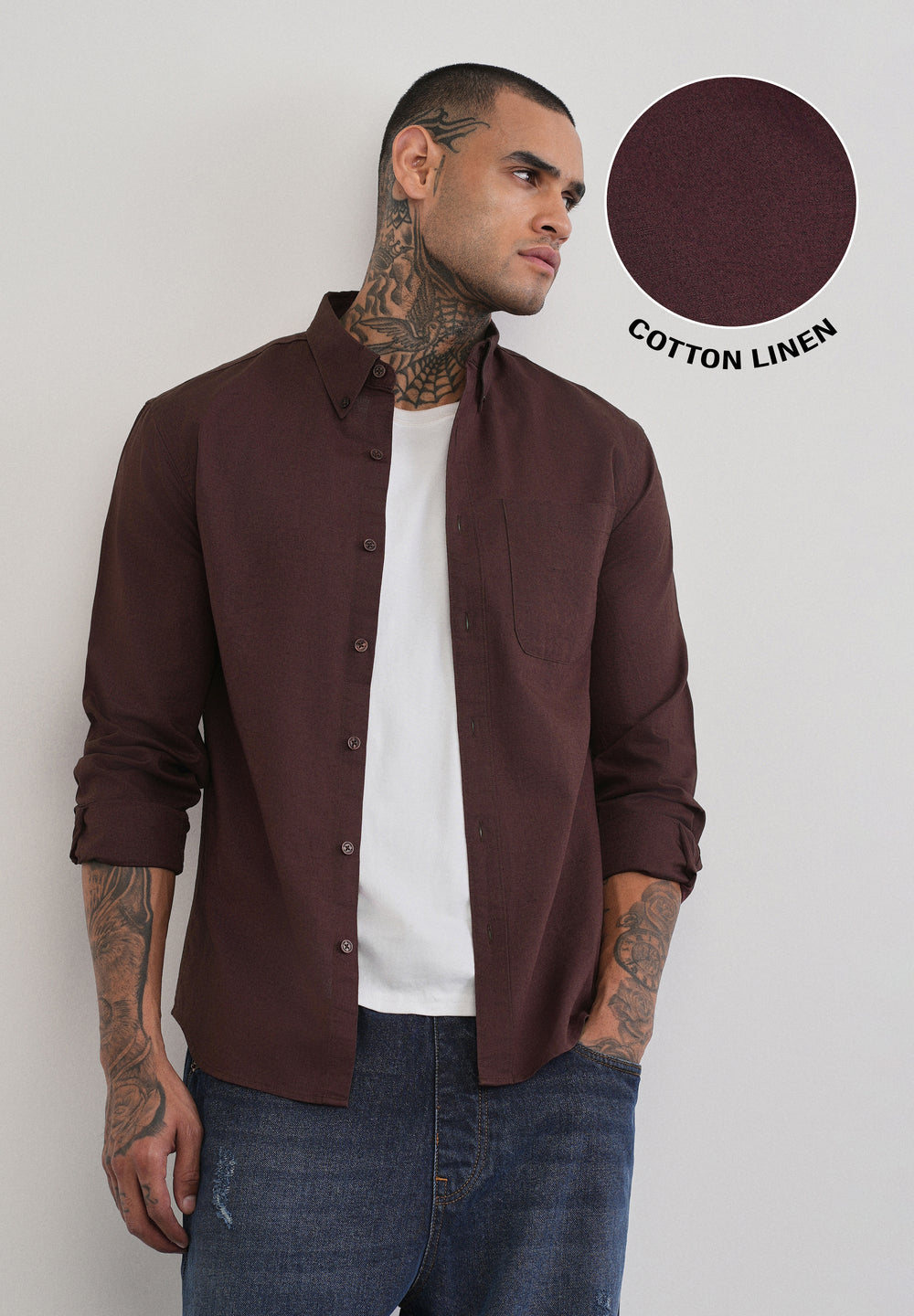 Coffee Brown Cotton Linen Plain Shirt