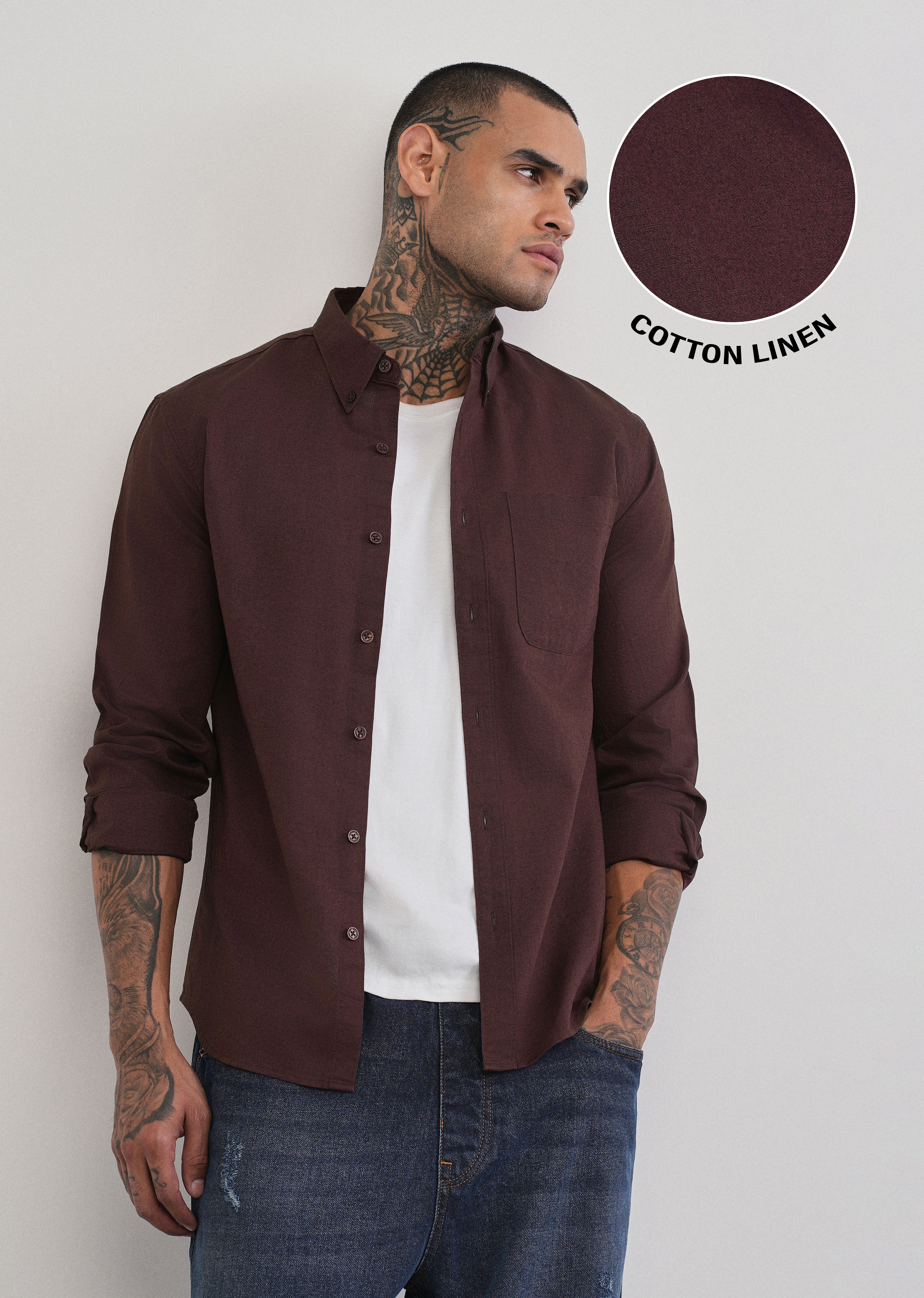 Coffee Brown Cotton Linen Plain Shirt