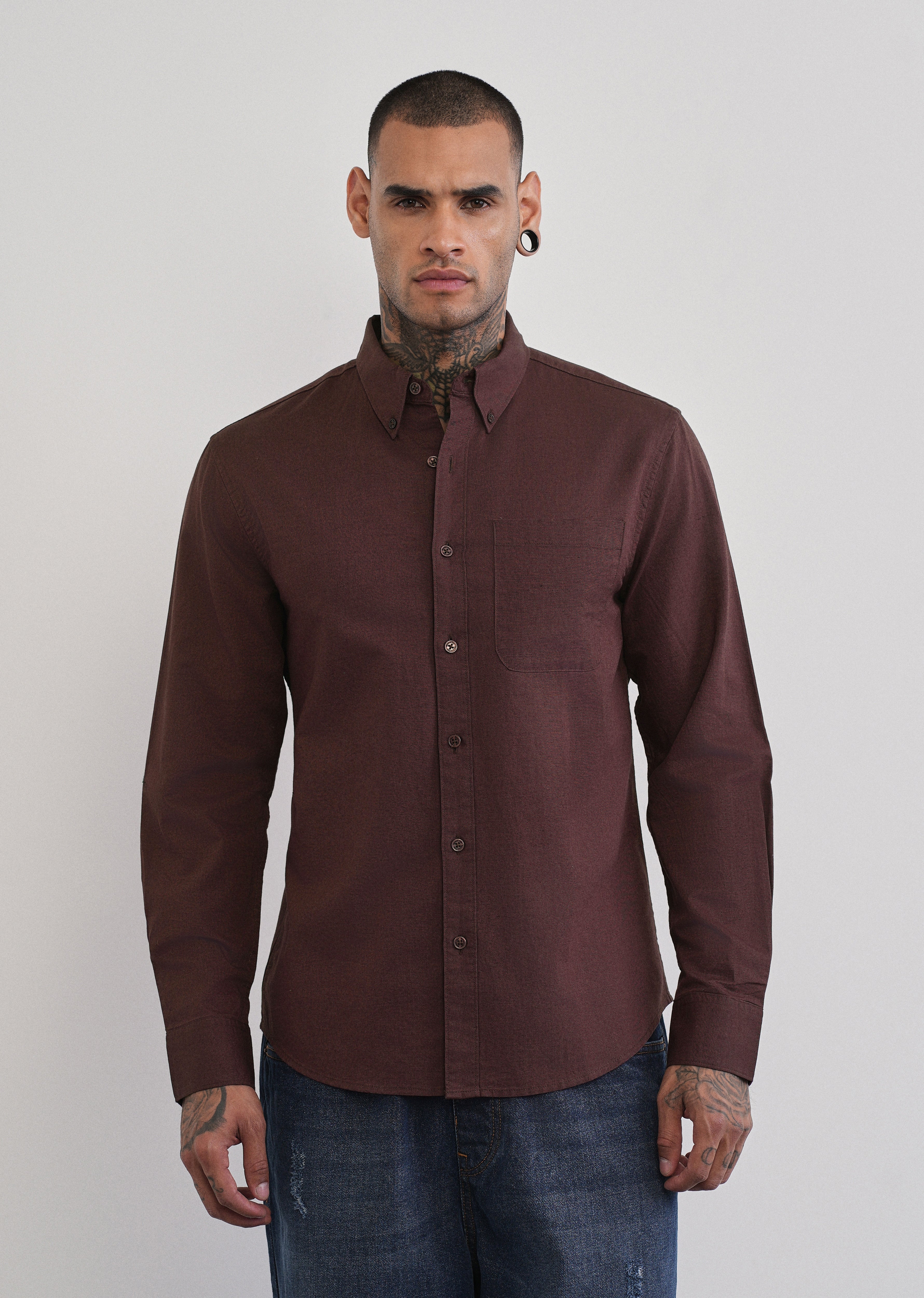 Coffee Brown Cotton Linen Plain Shirt