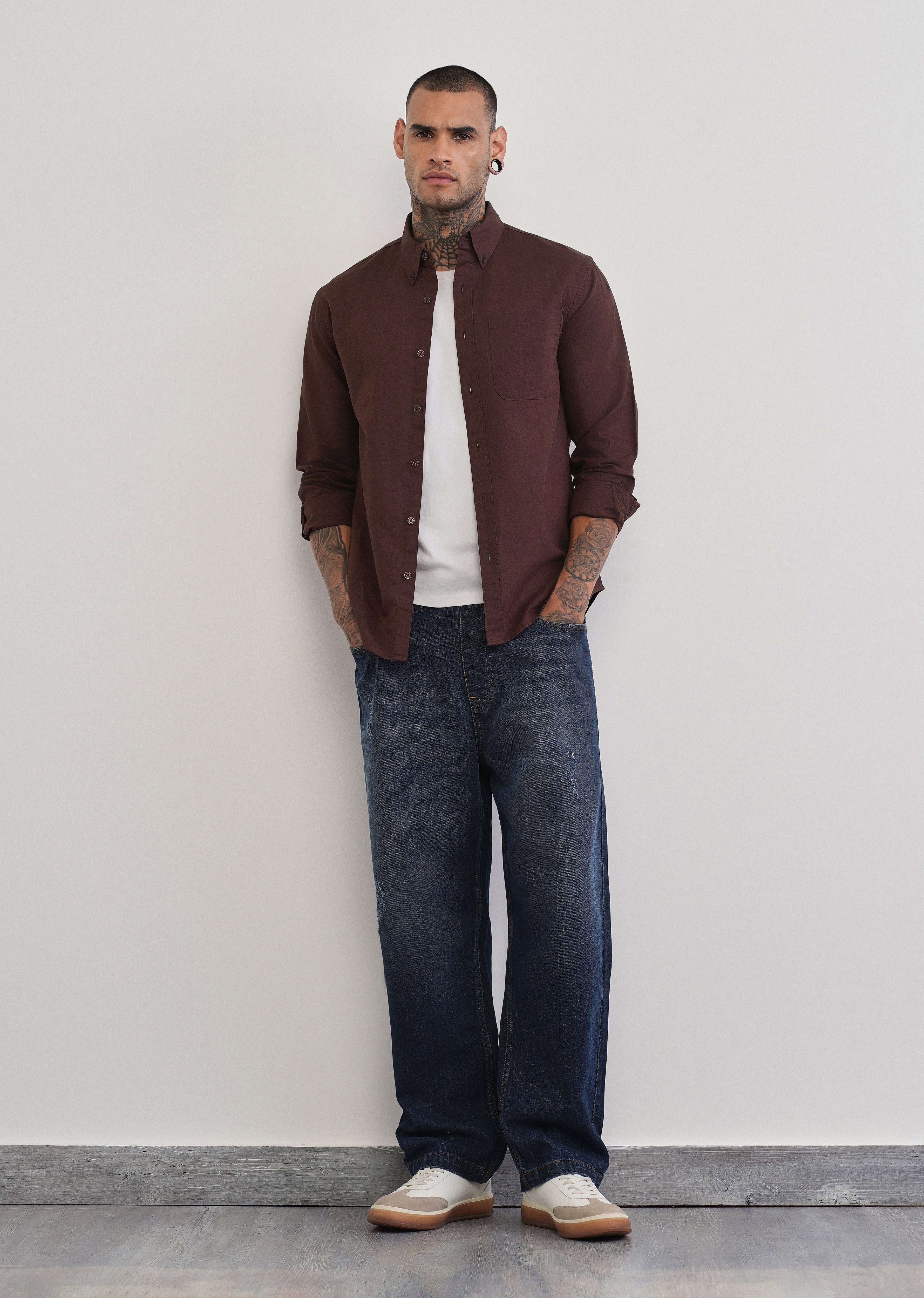 Coffee Brown Cotton Linen Plain Shirt