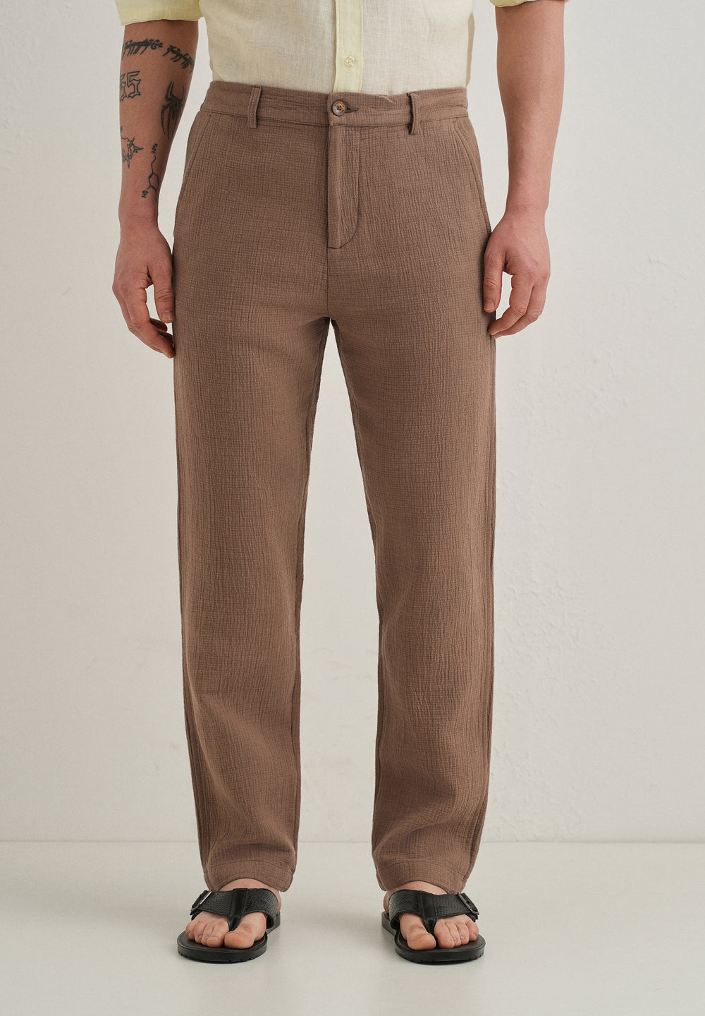 Coffee Brown Crinkled Cotton Trouser