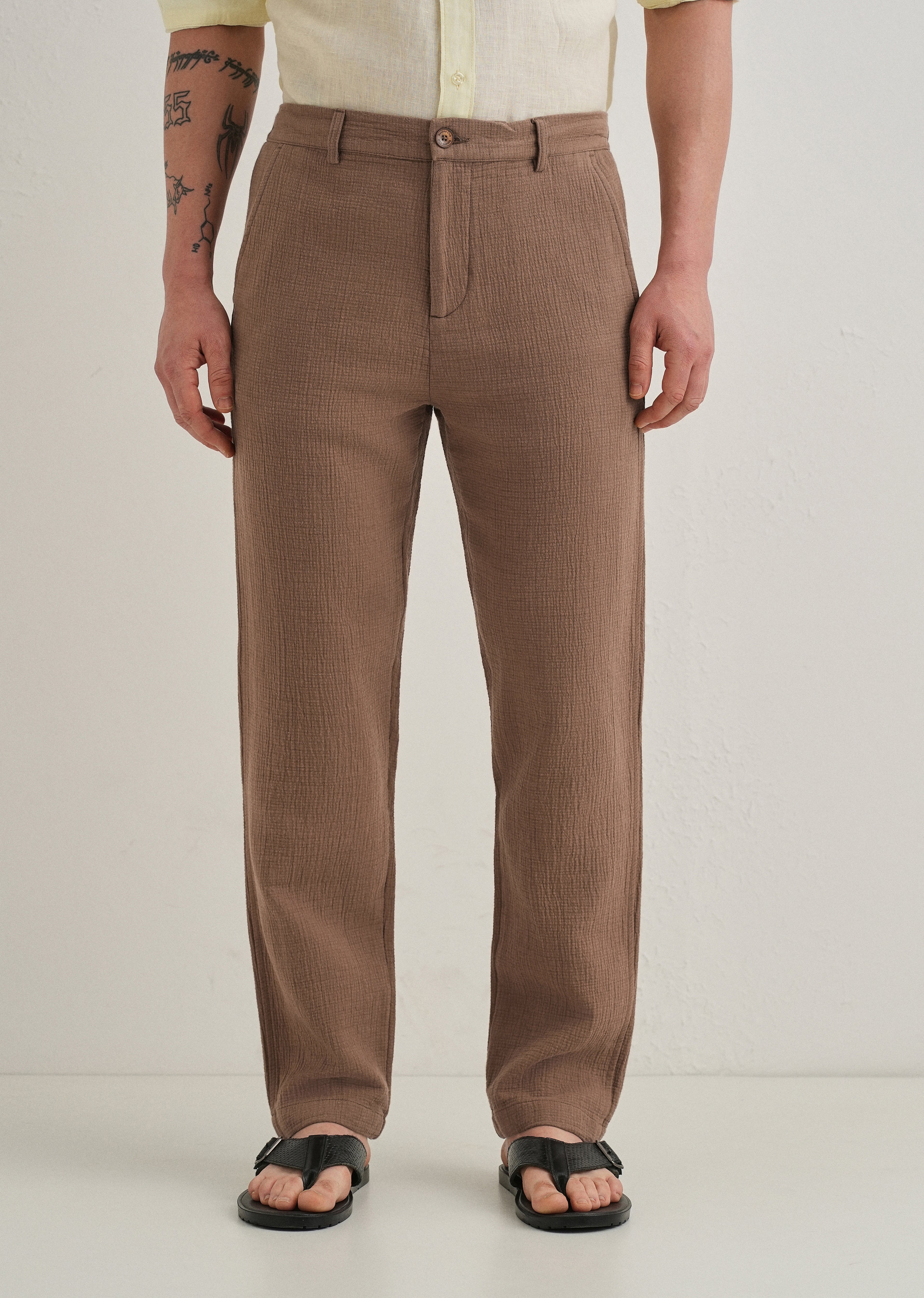 Coffee Brown Crinkled Cotton Trouser