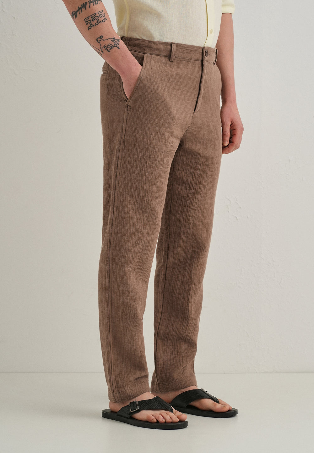 Coffee Brown Crinkled Cotton Trouser