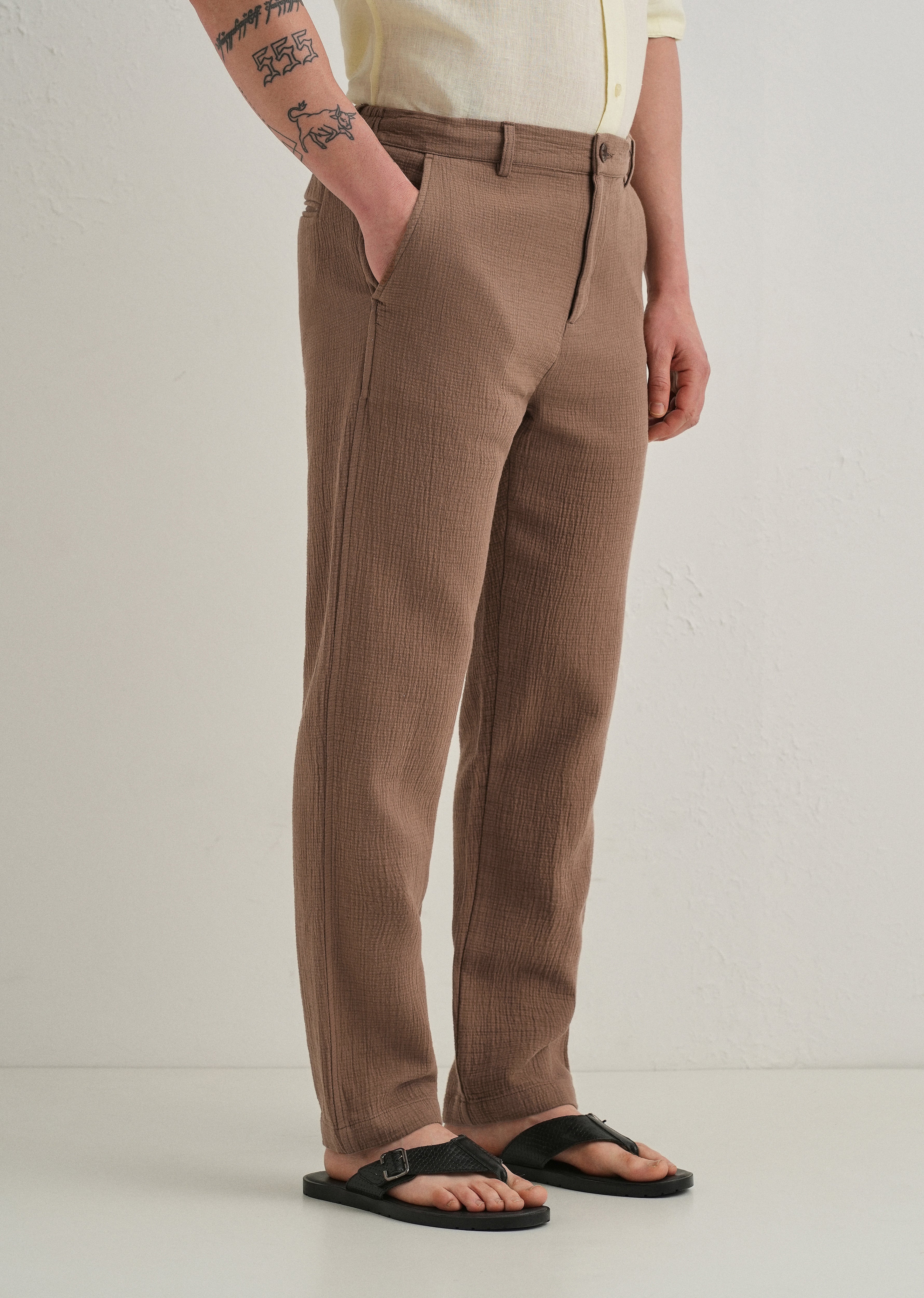 Coffee Brown Crinkled Cotton Trouser