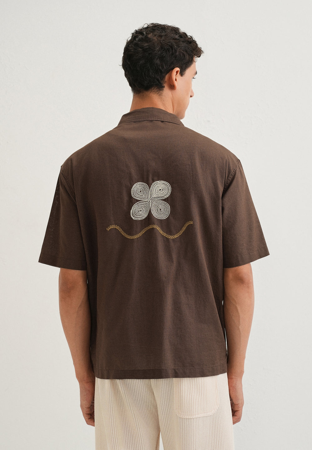 Coffee Brown Embroidery Cuban Collar Shirt