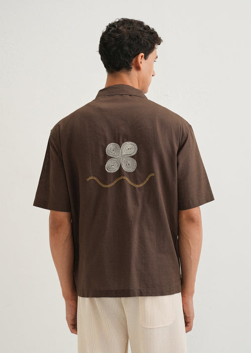Coffee Brown Embroidery Cuban Collar Shirt