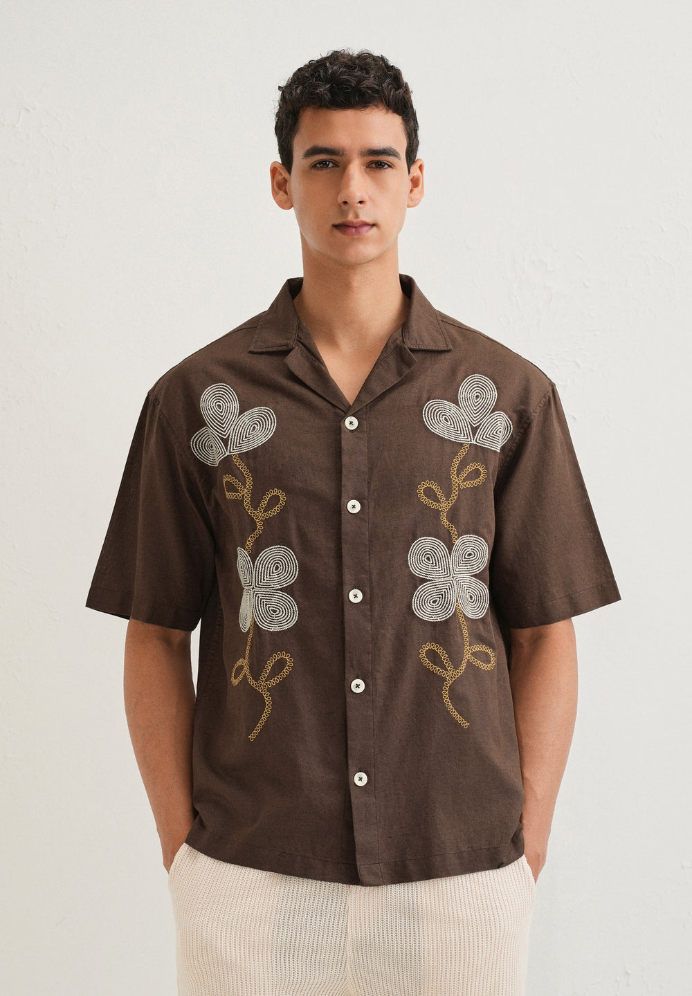 Coffee Brown Embroidery Cuban Collar Shirt