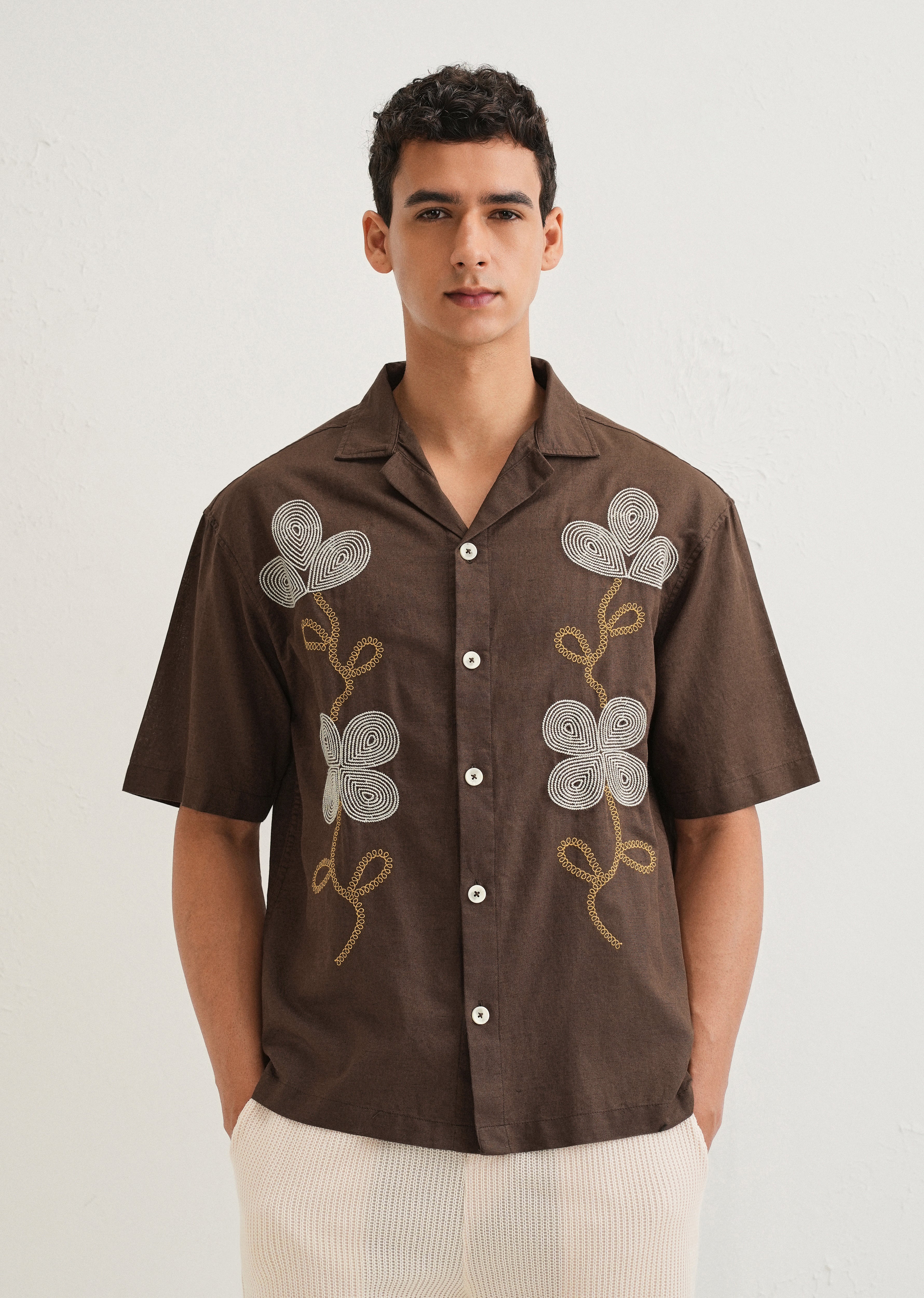 Coffee Brown Embroidery Cuban Collar Shirt
