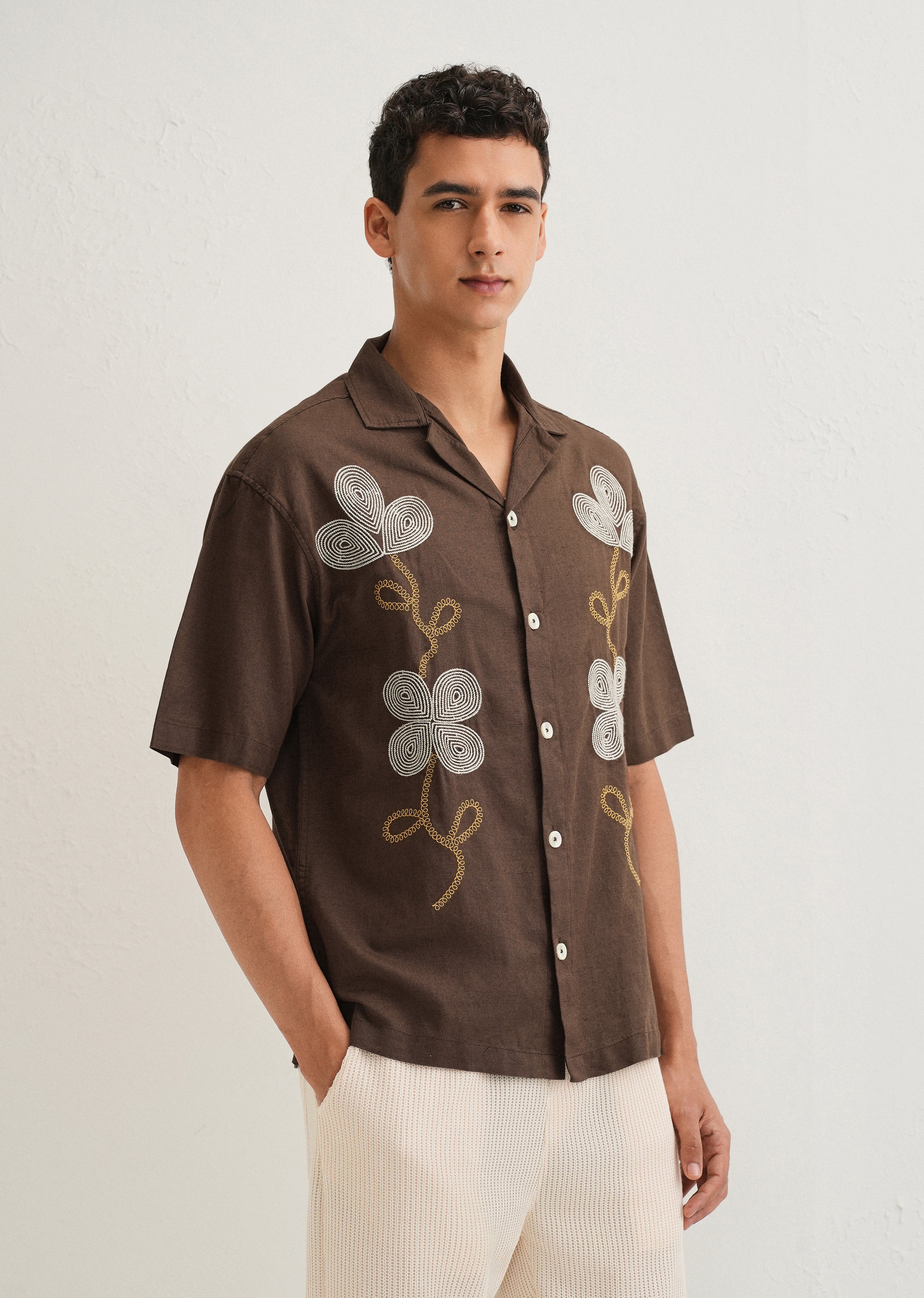 Coffee Brown Embroidery Cuban Collar Shirt