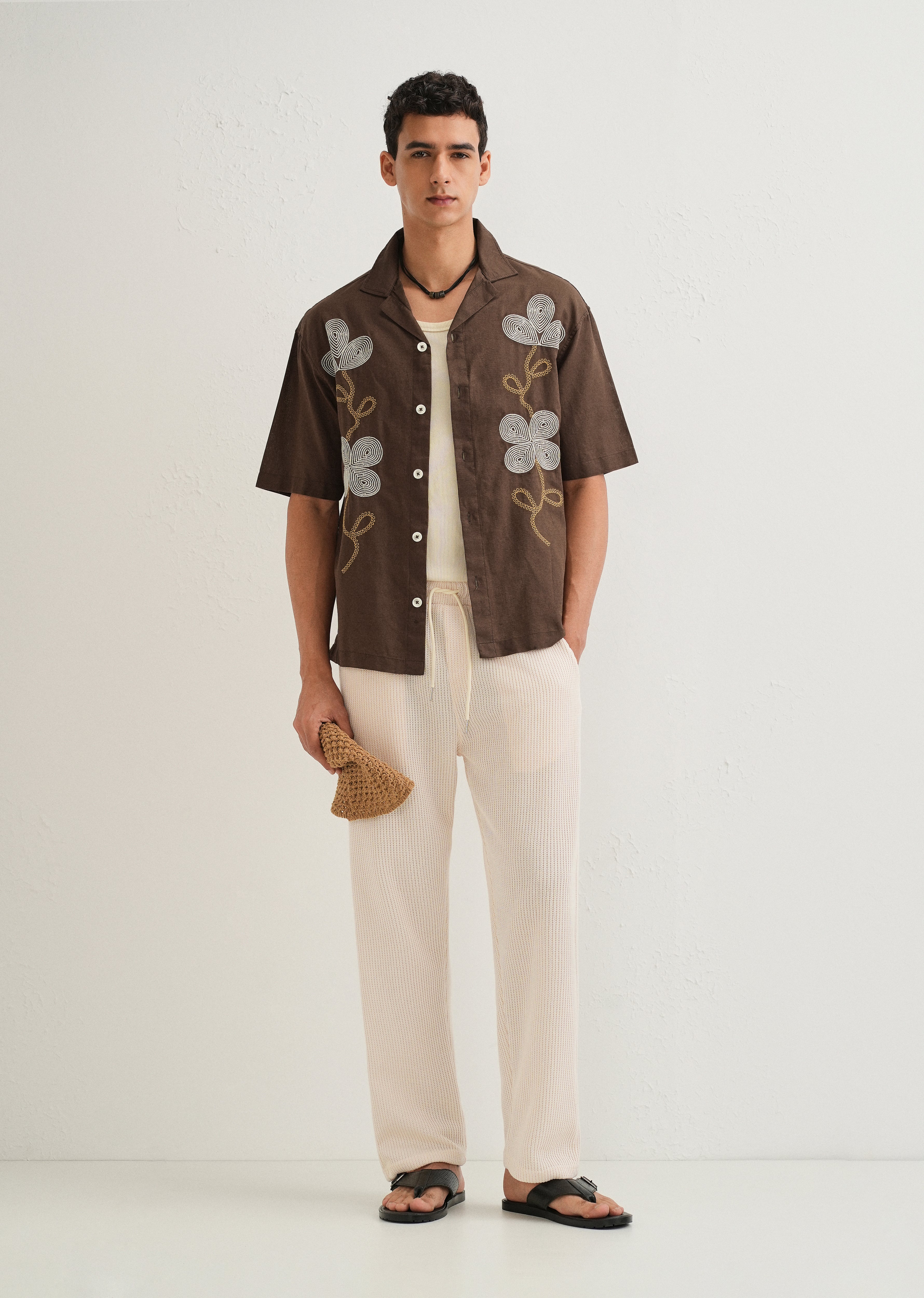 Coffee Brown Embroidery Cuban Collar Shirt