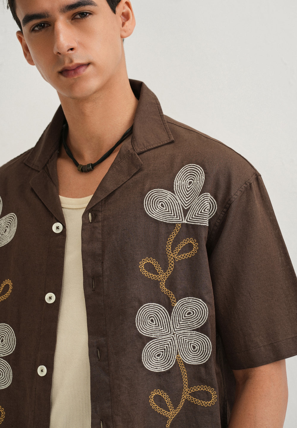 Coffee Brown Embroidery Cuban Collar Shirt