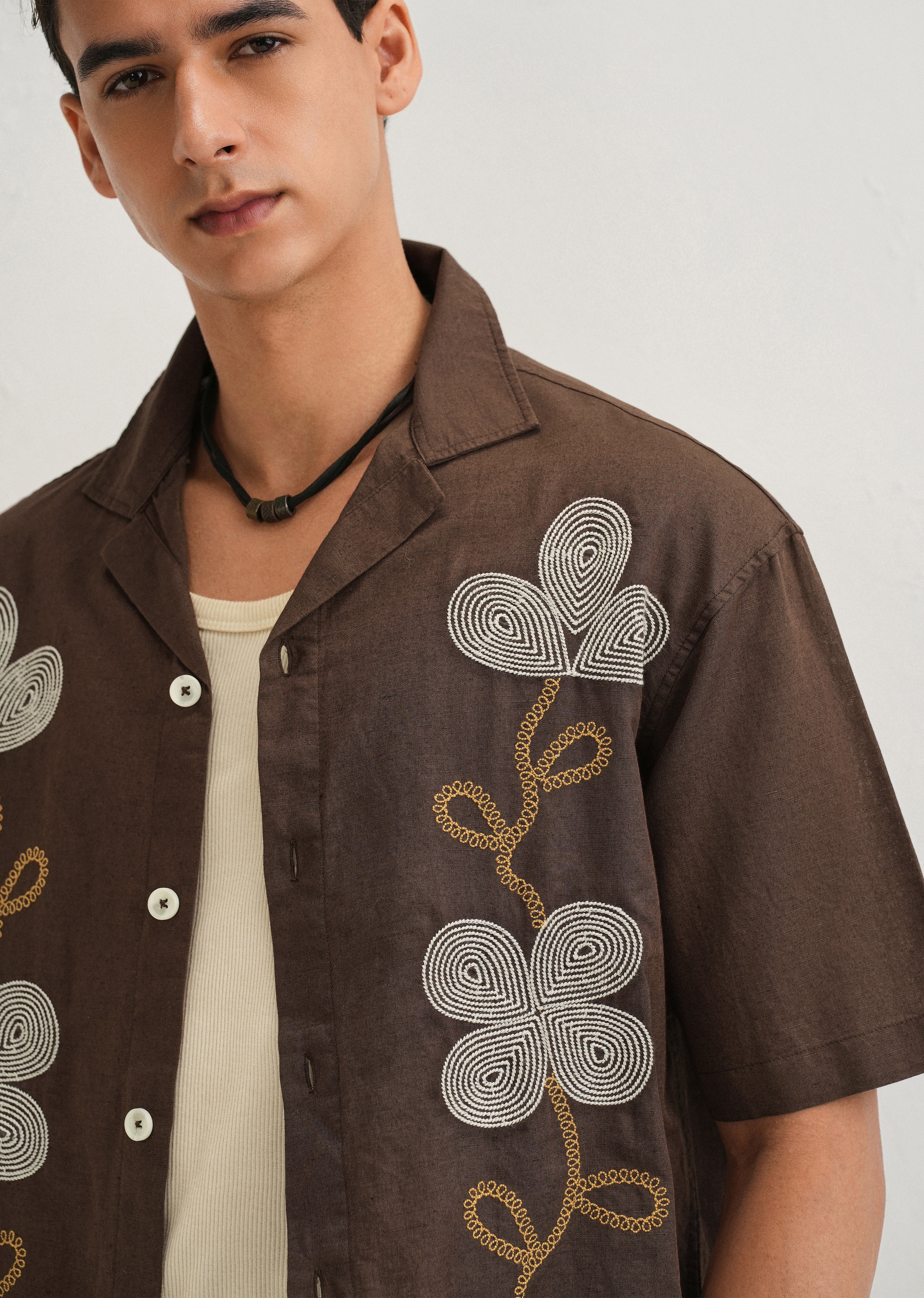 Coffee Brown Embroidery Cuban Collar Shirt