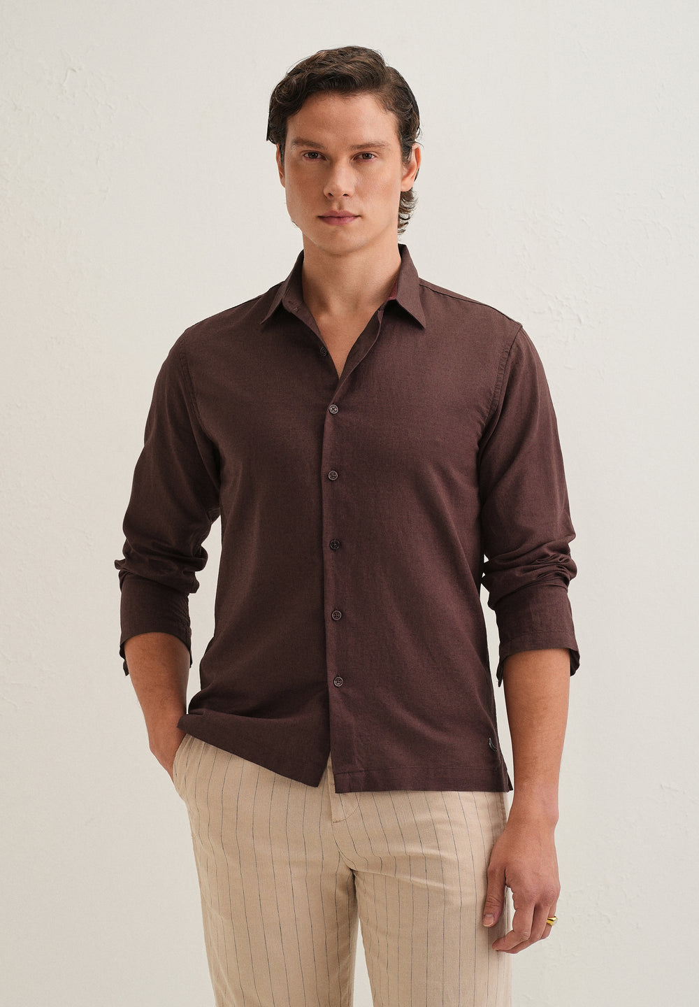 Coffee Brown Hidden Sleeve Placket Cotton Linen Shirt