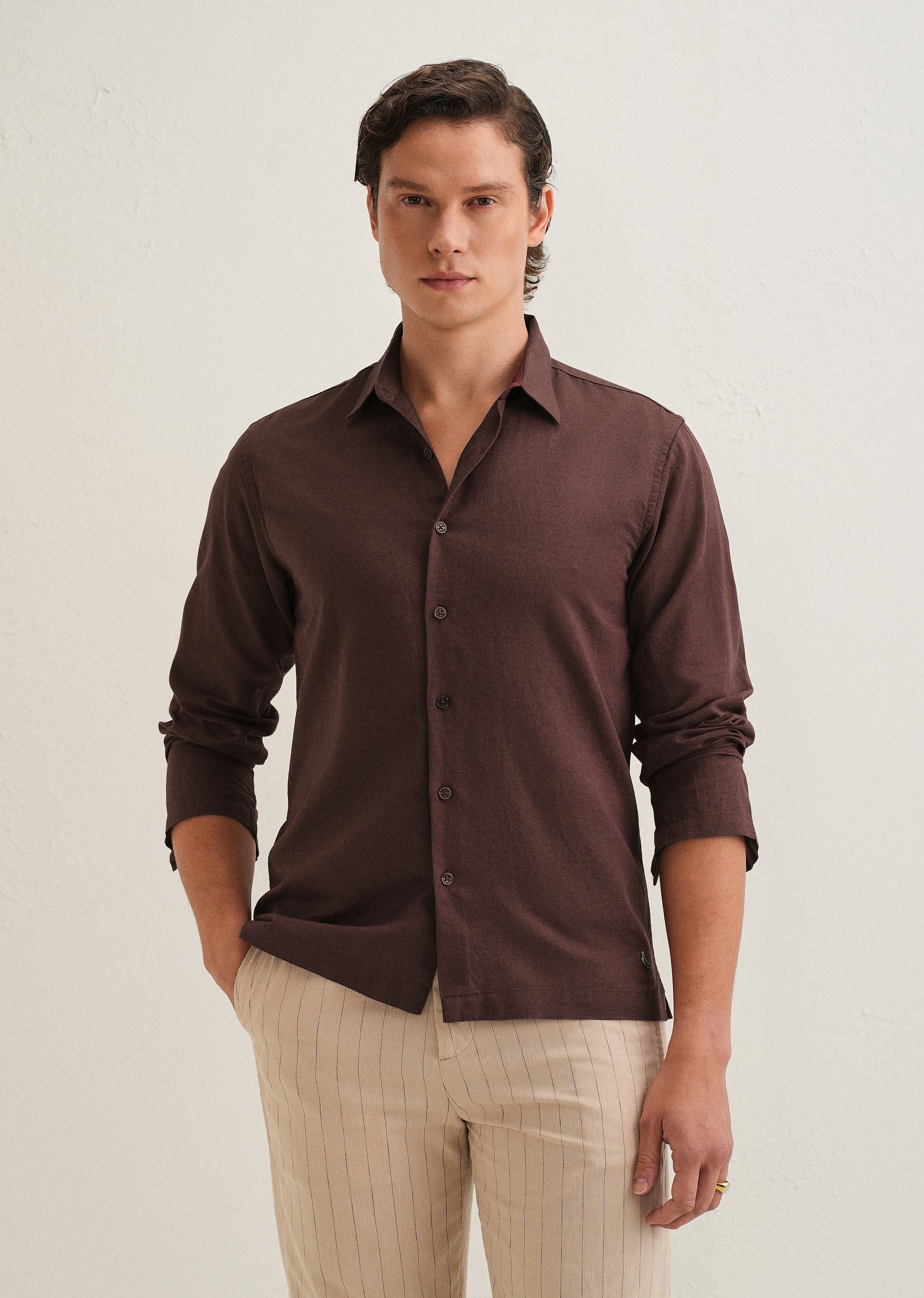 Coffee Brown Hidden Sleeve Placket Cotton Linen Shirt