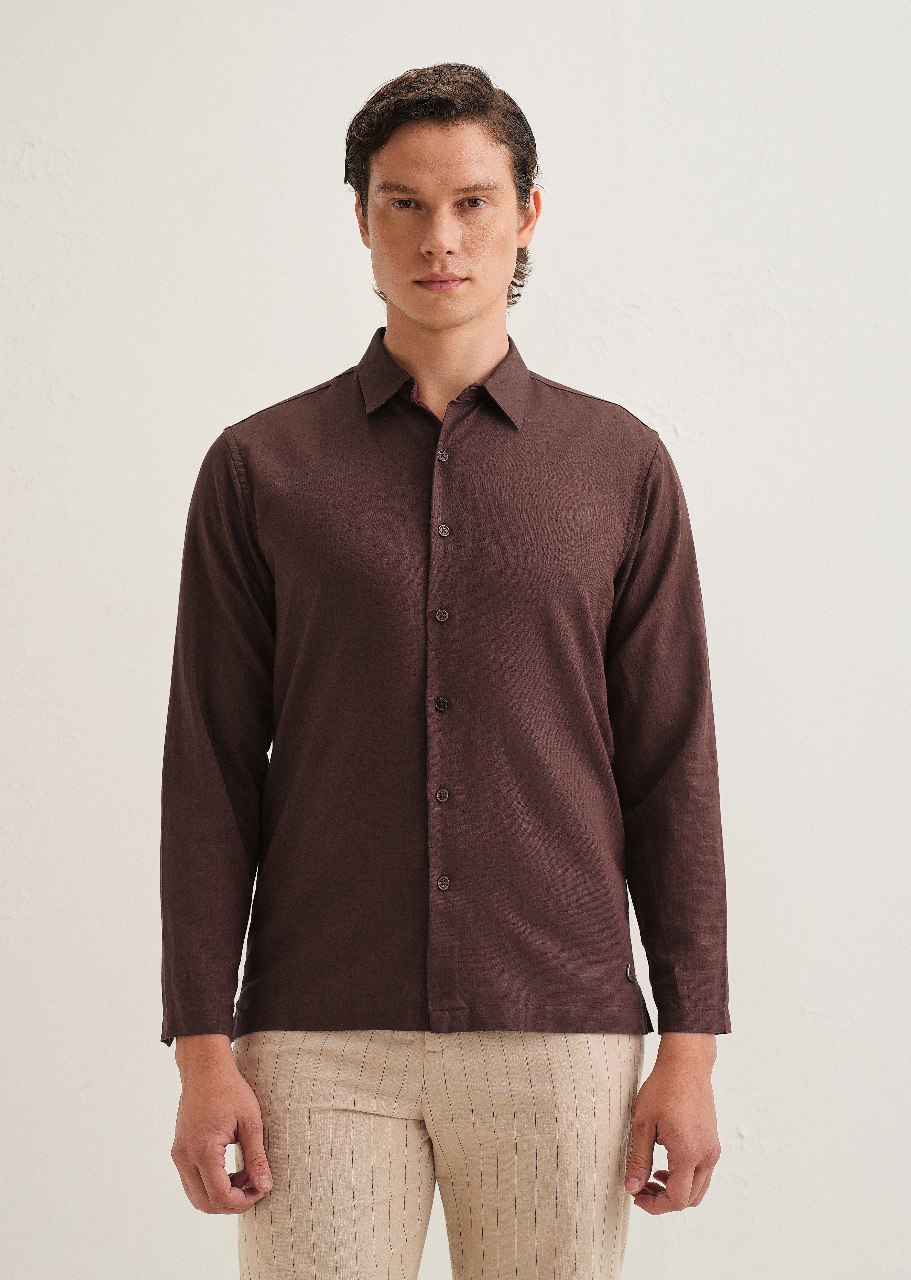 Coffee Brown Hidden Sleeve Placket Cotton Linen Shirt