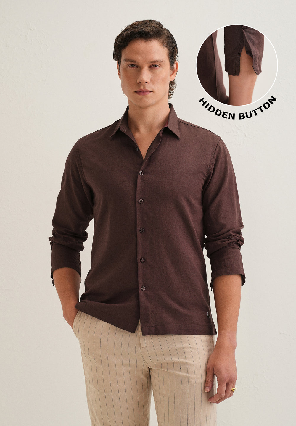 Coffee Brown Hidden Sleeve Placket Cotton Linen Shirt