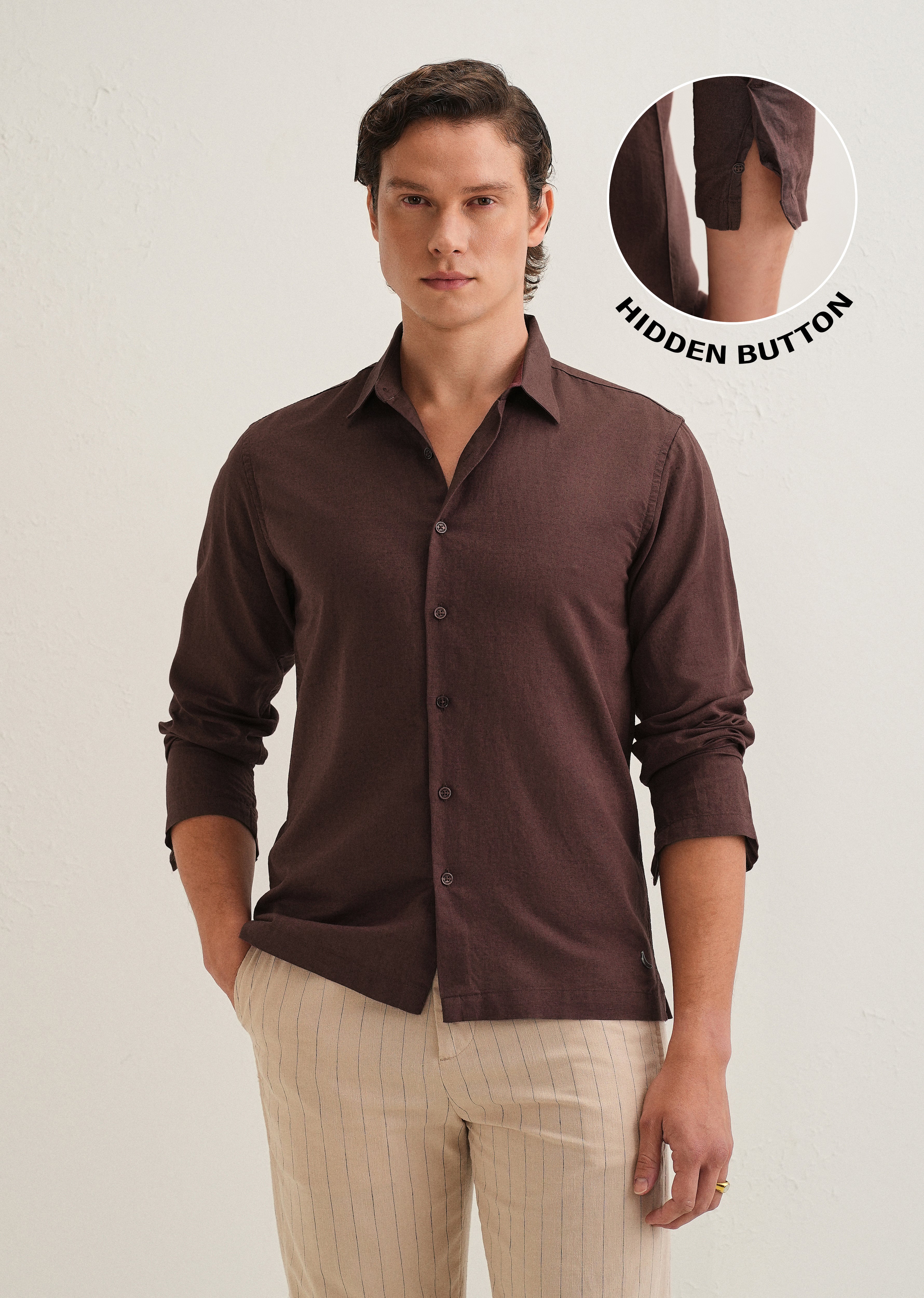Coffee Brown Hidden Sleeve Placket Cotton Linen Shirt