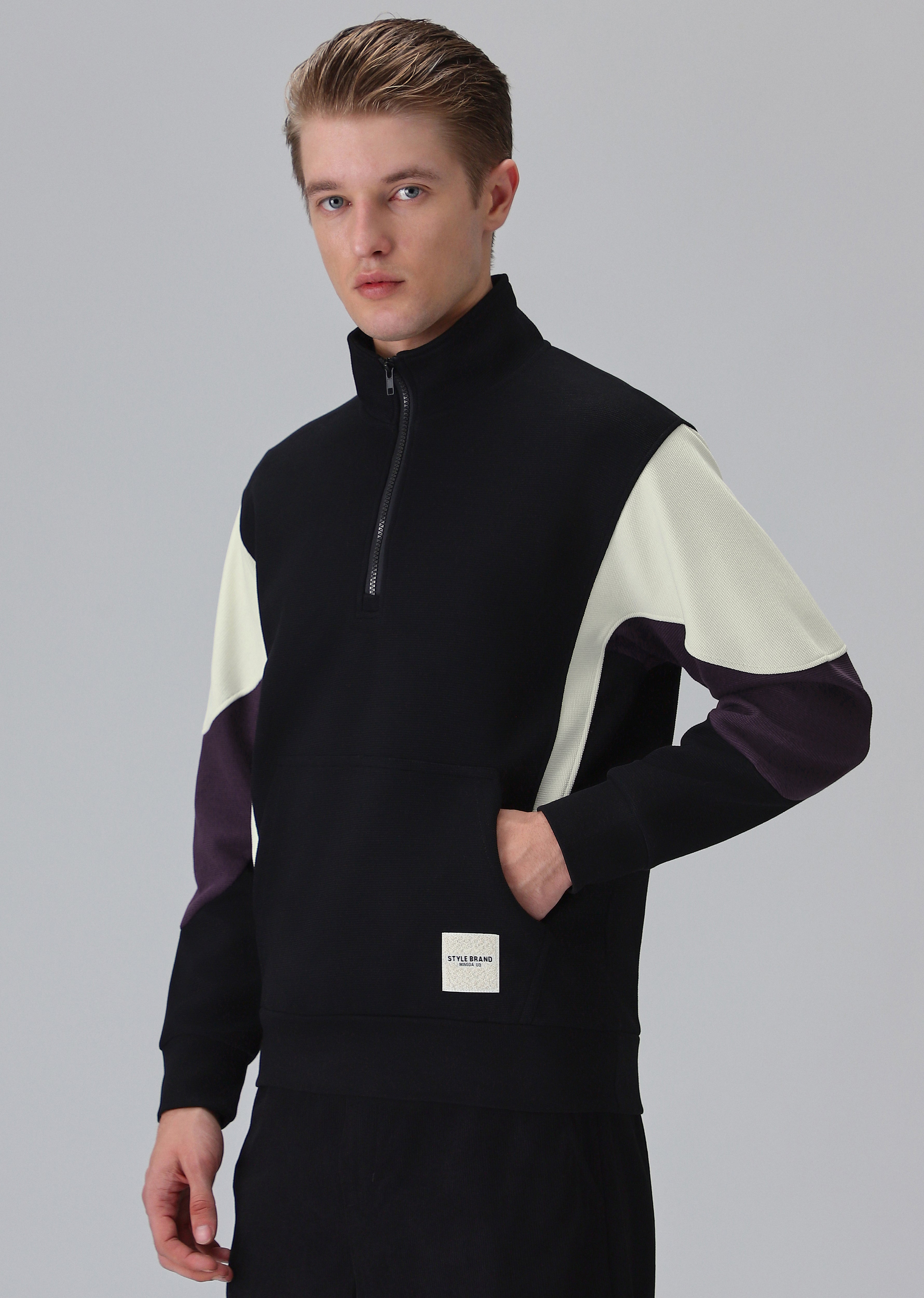 Colour Block Zip Black Sweatshirt