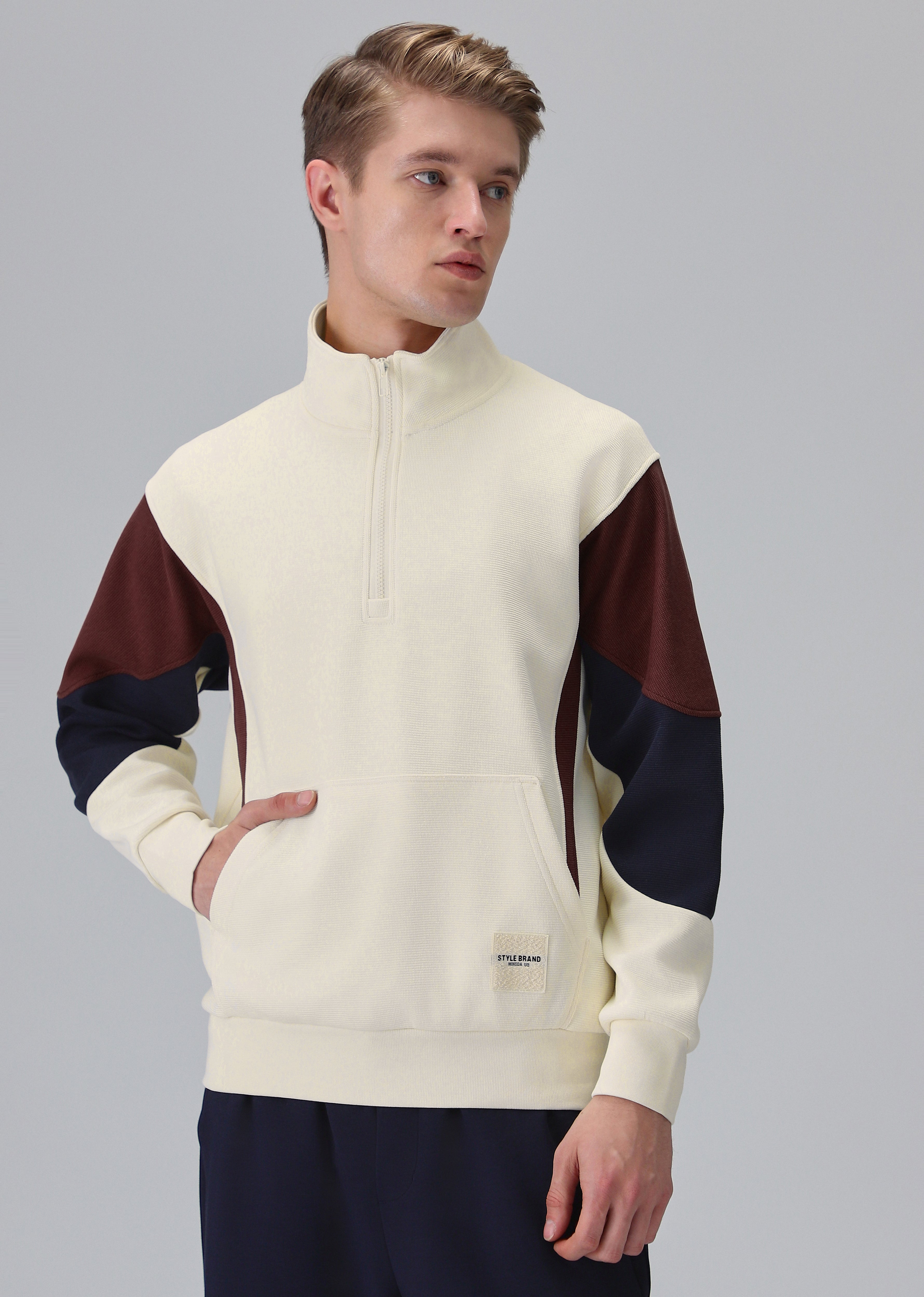 Colour Block Zip Cream Sweatshirt