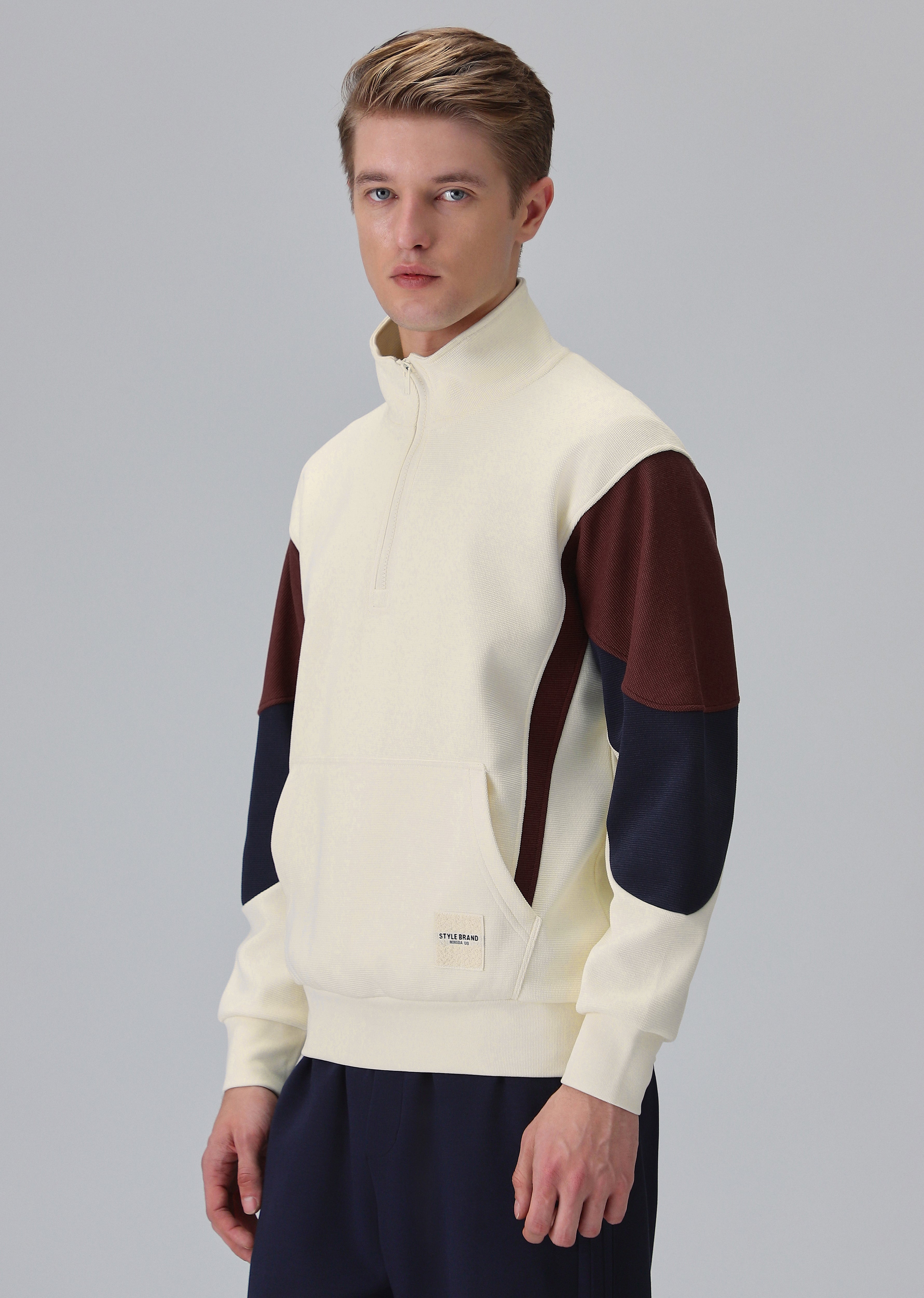 Colour Block Zip Cream Sweatshirt