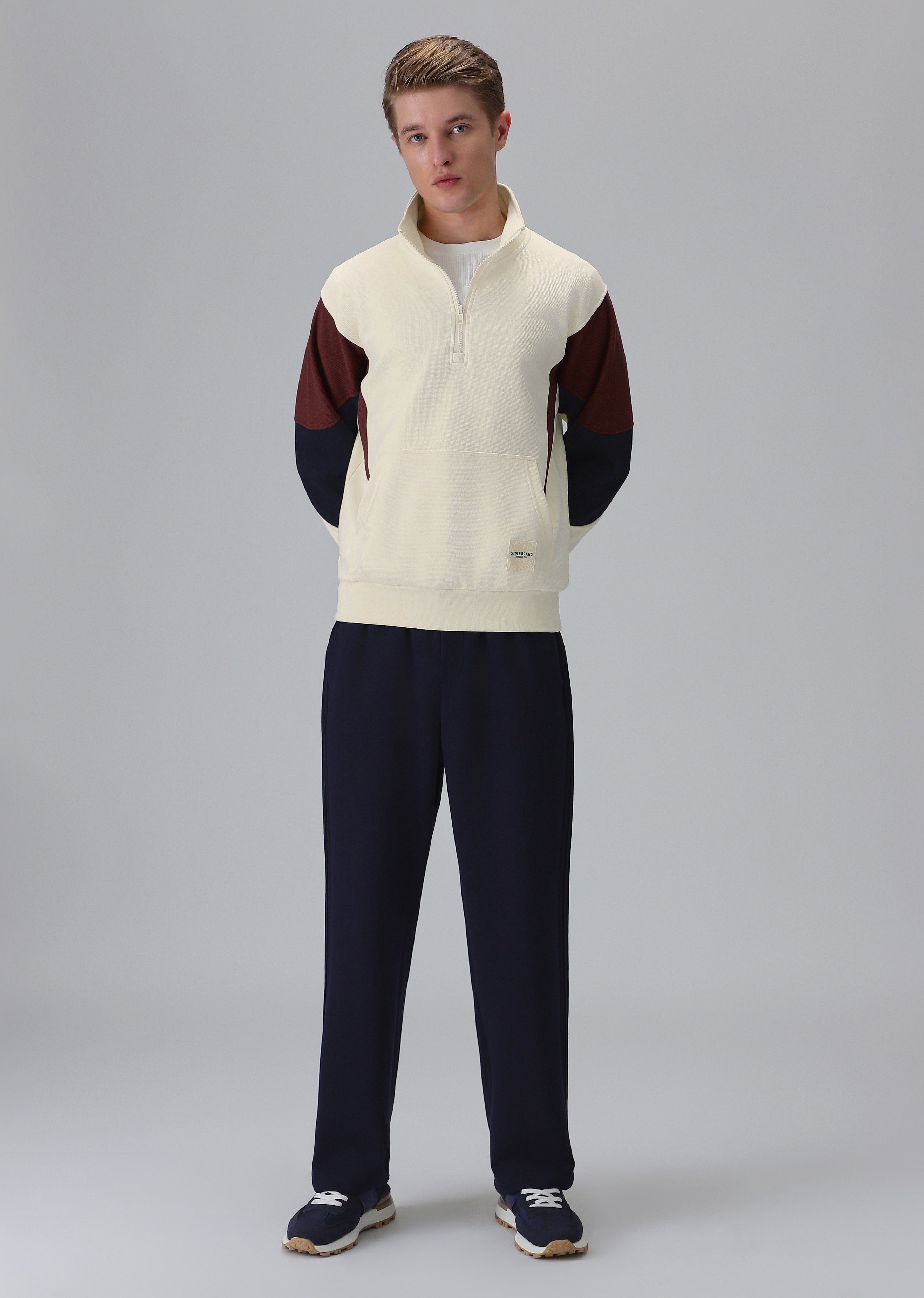 Colour Block Zip Cream Sweatshirt