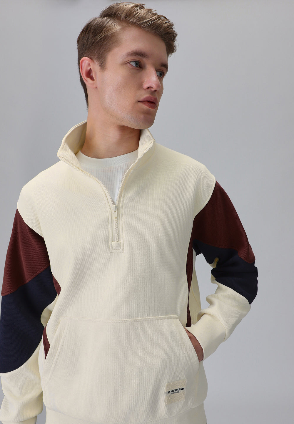 Colour Block Zip Cream Sweatshirt