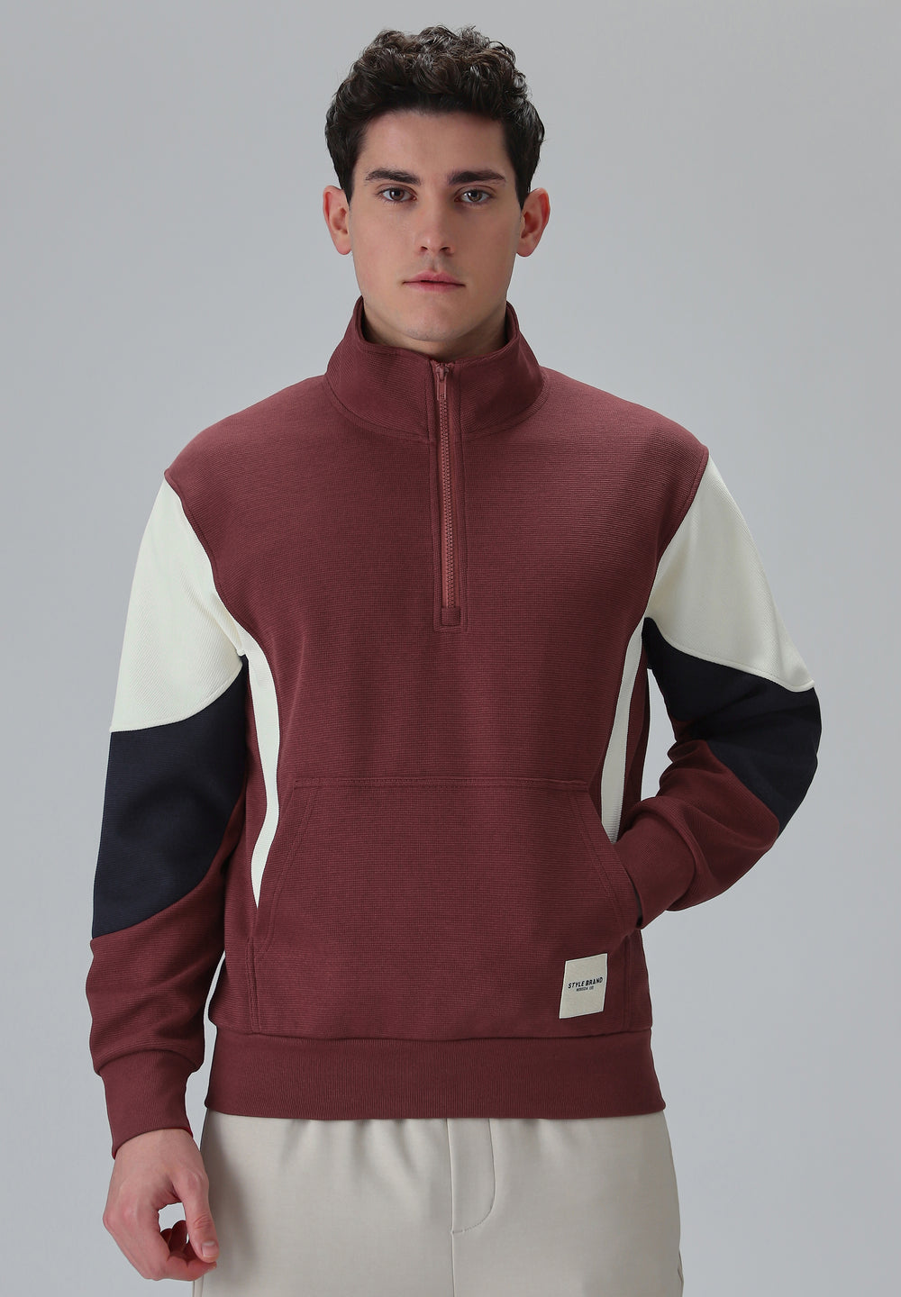 Colour Block Zip Maroon Sweatshirt