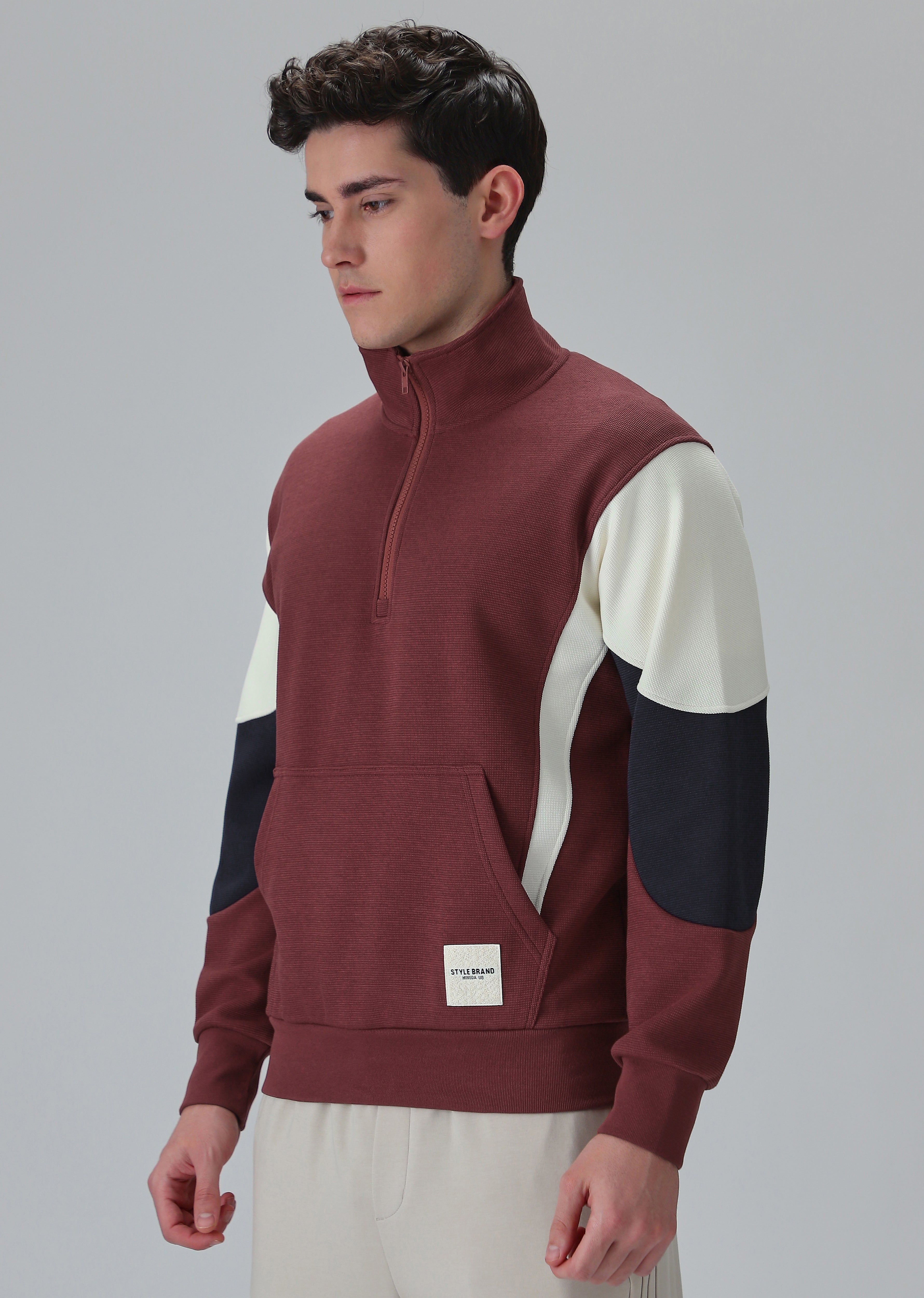 Colour Block Zip Maroon Sweatshirt