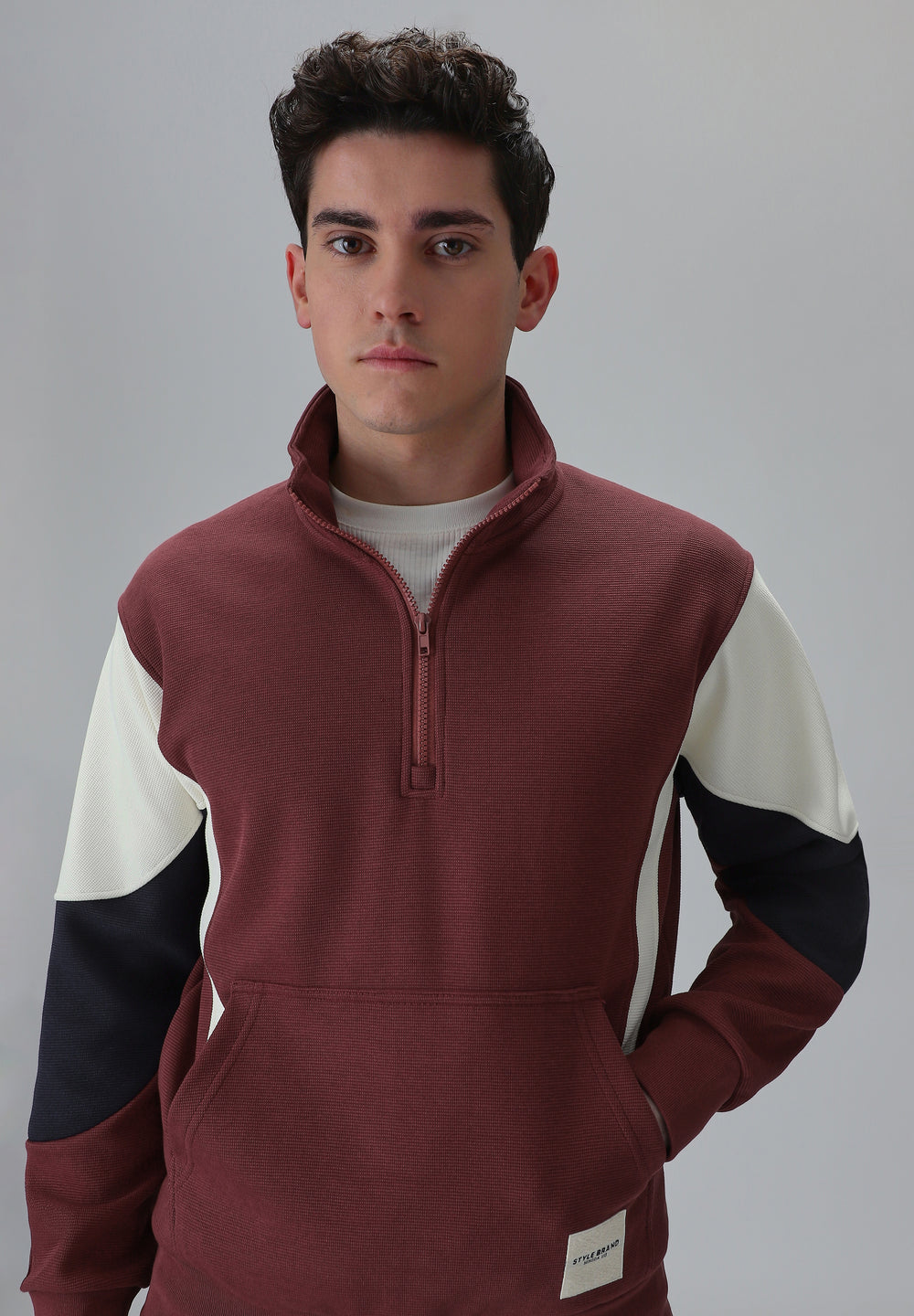 Colour Block Zip Maroon Sweatshirt