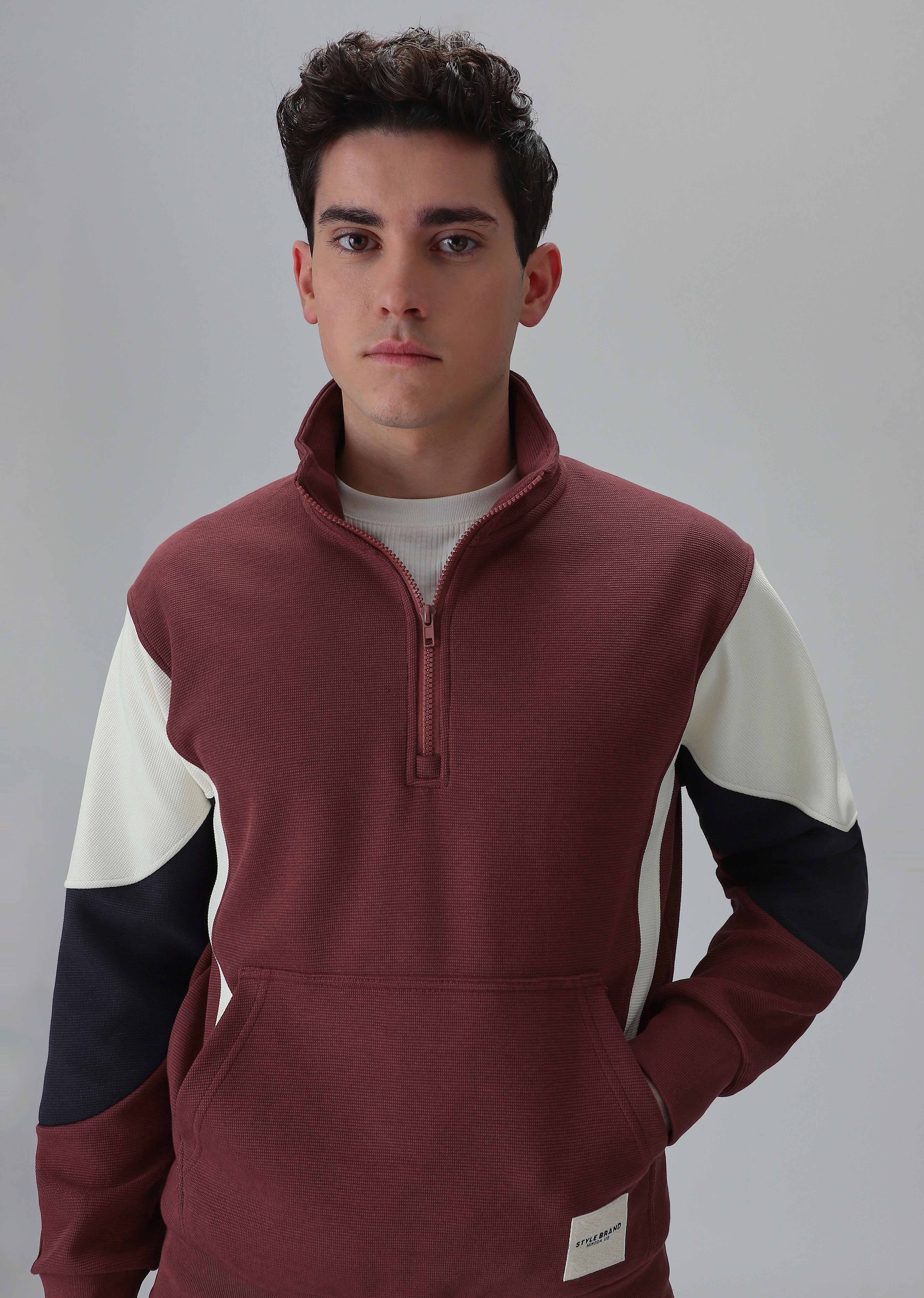 Colour Block Zip Maroon Sweatshirt