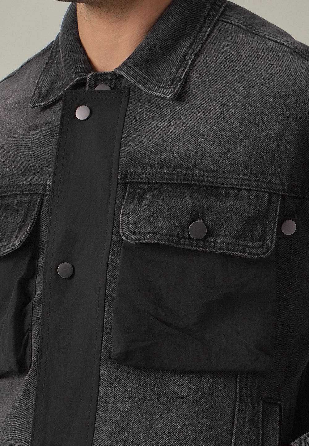 Balck Contrast Pocket Denim Jacket
