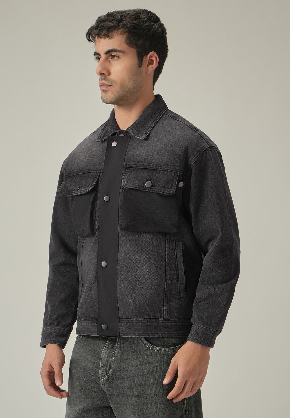 Balck Contrast Pocket Denim Jacket