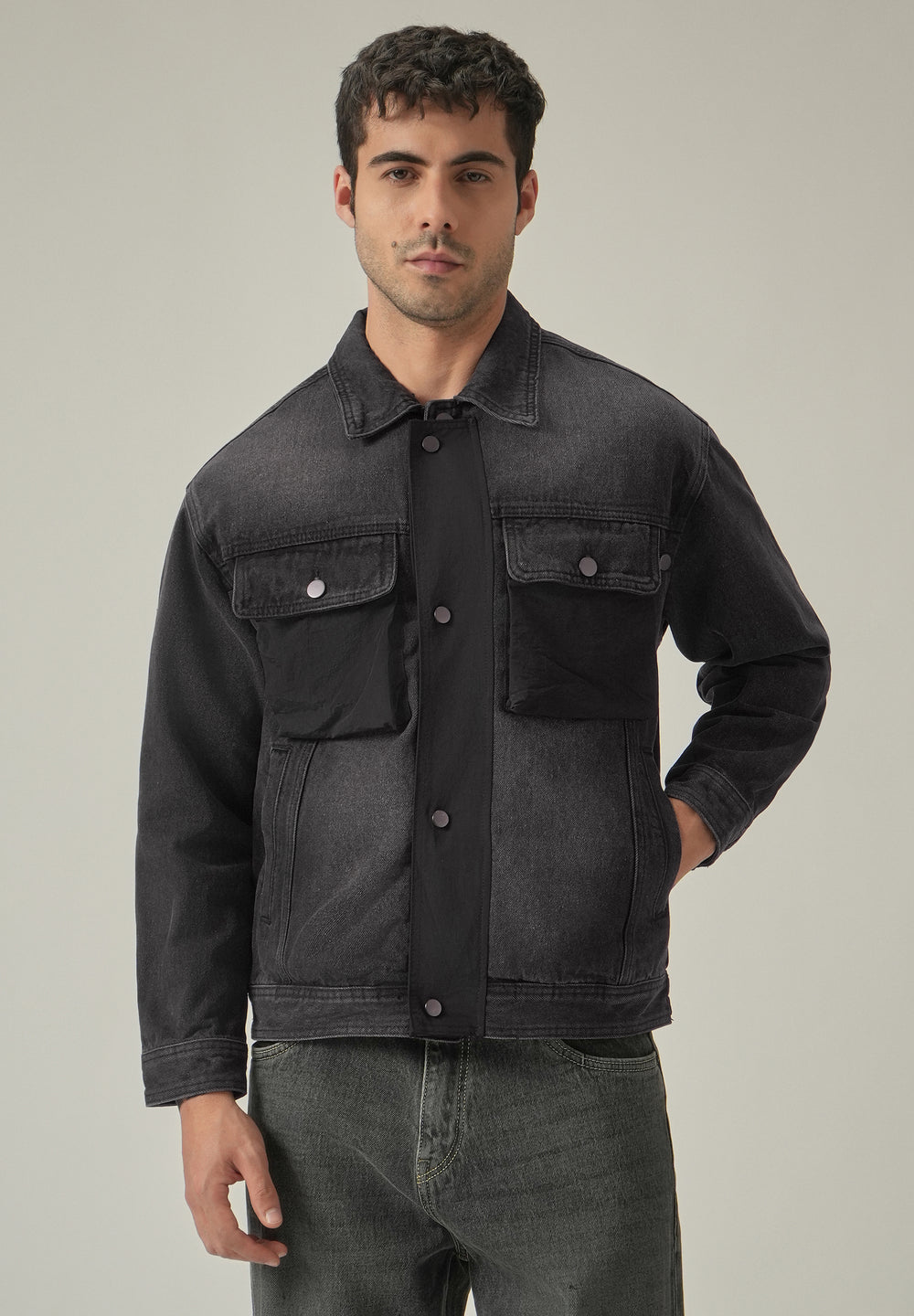 Balck Contrast Pocket Denim Jacket