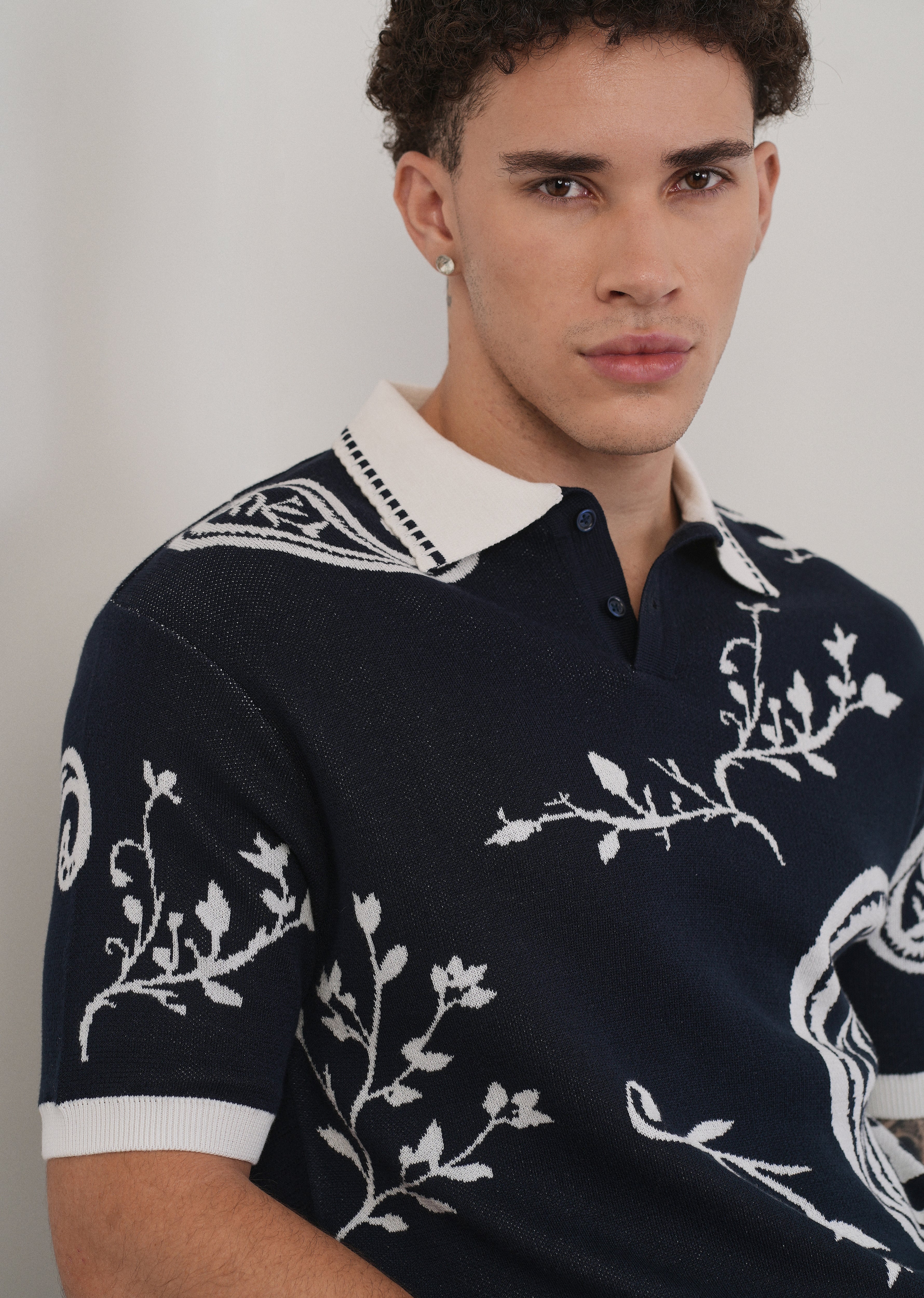 Cotton Navy Paisley Knitted Polo