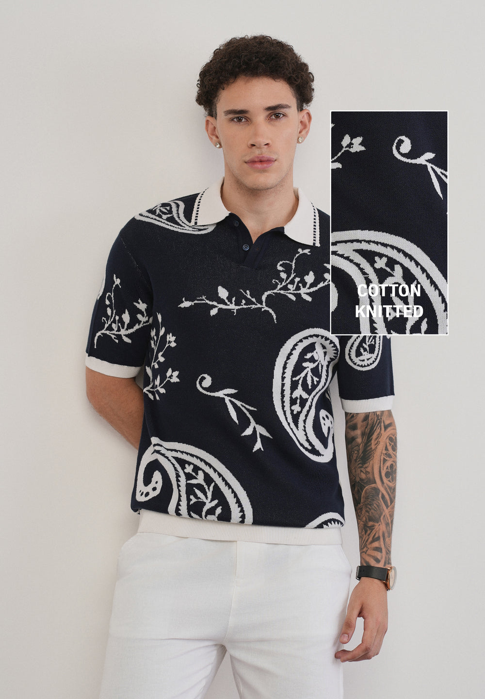 Cotton Navy Paisley Knitted Polo