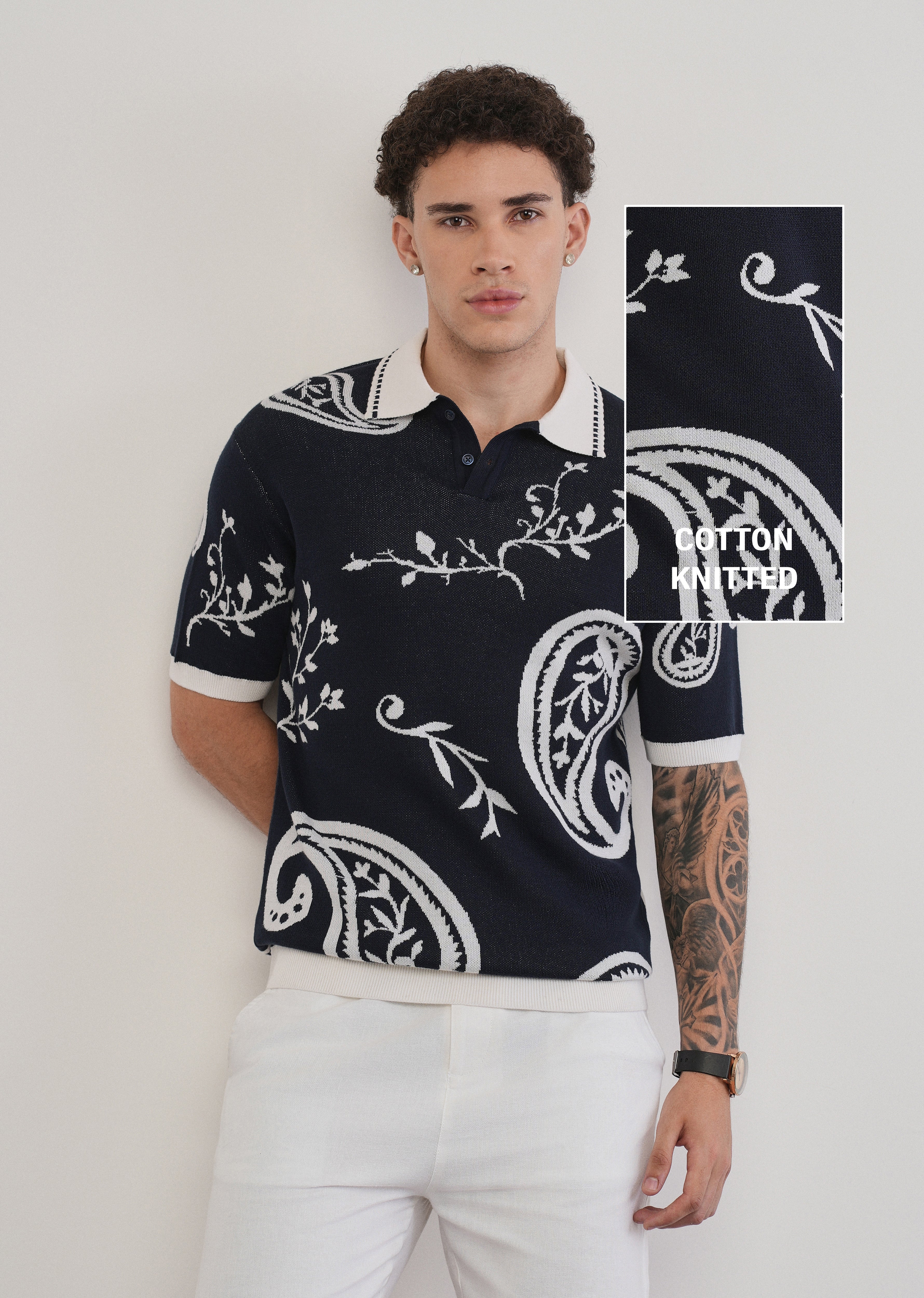 Cotton Navy Paisley Knitted Polo