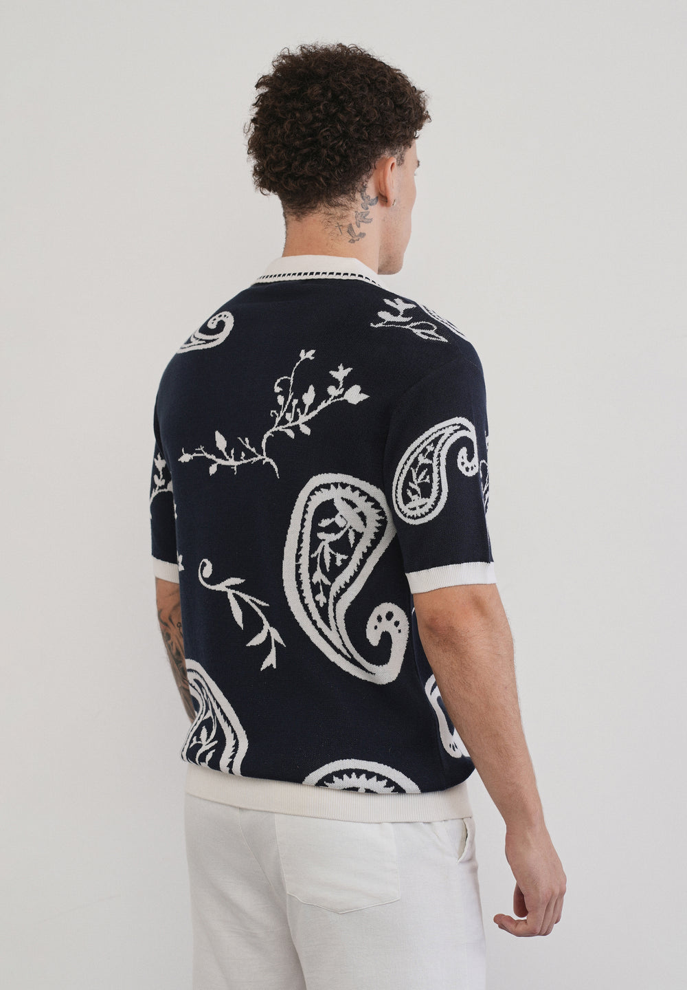 Cotton Navy Paisley Knitted Polo