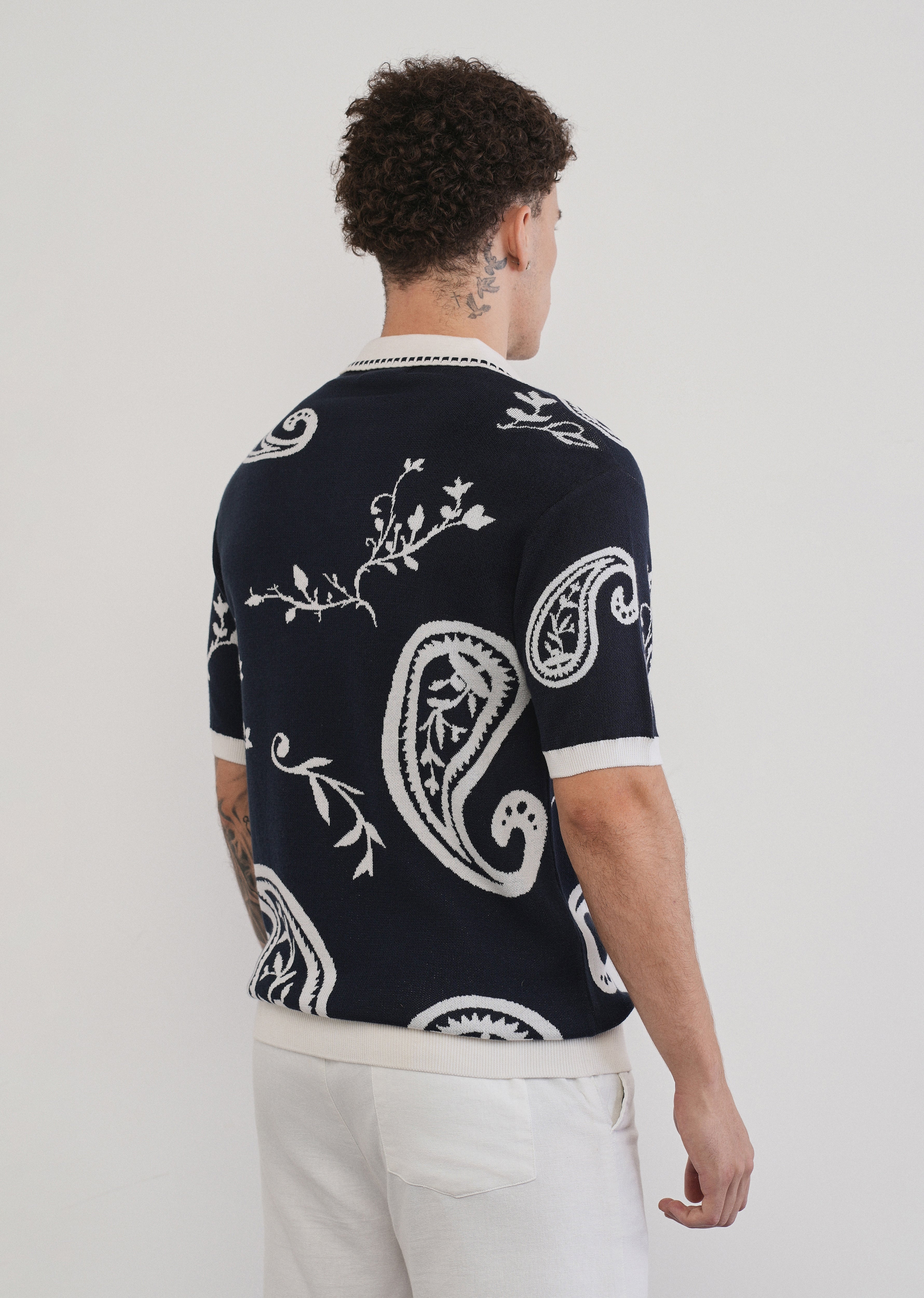 Cotton Navy Paisley Knitted Polo