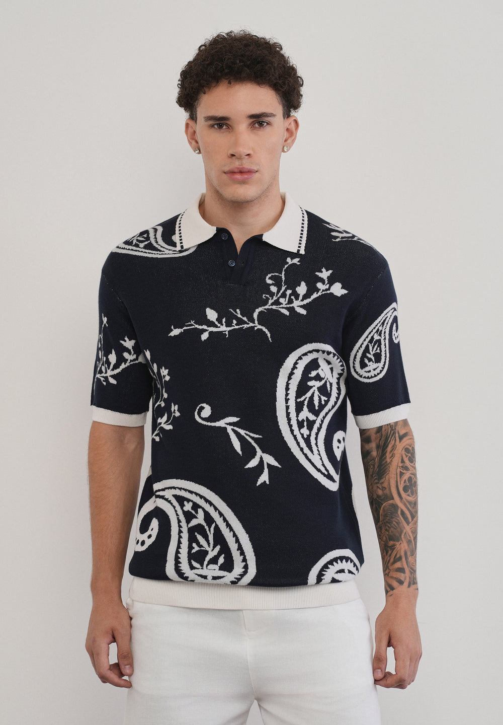 Cotton Navy Paisley Knitted Polo