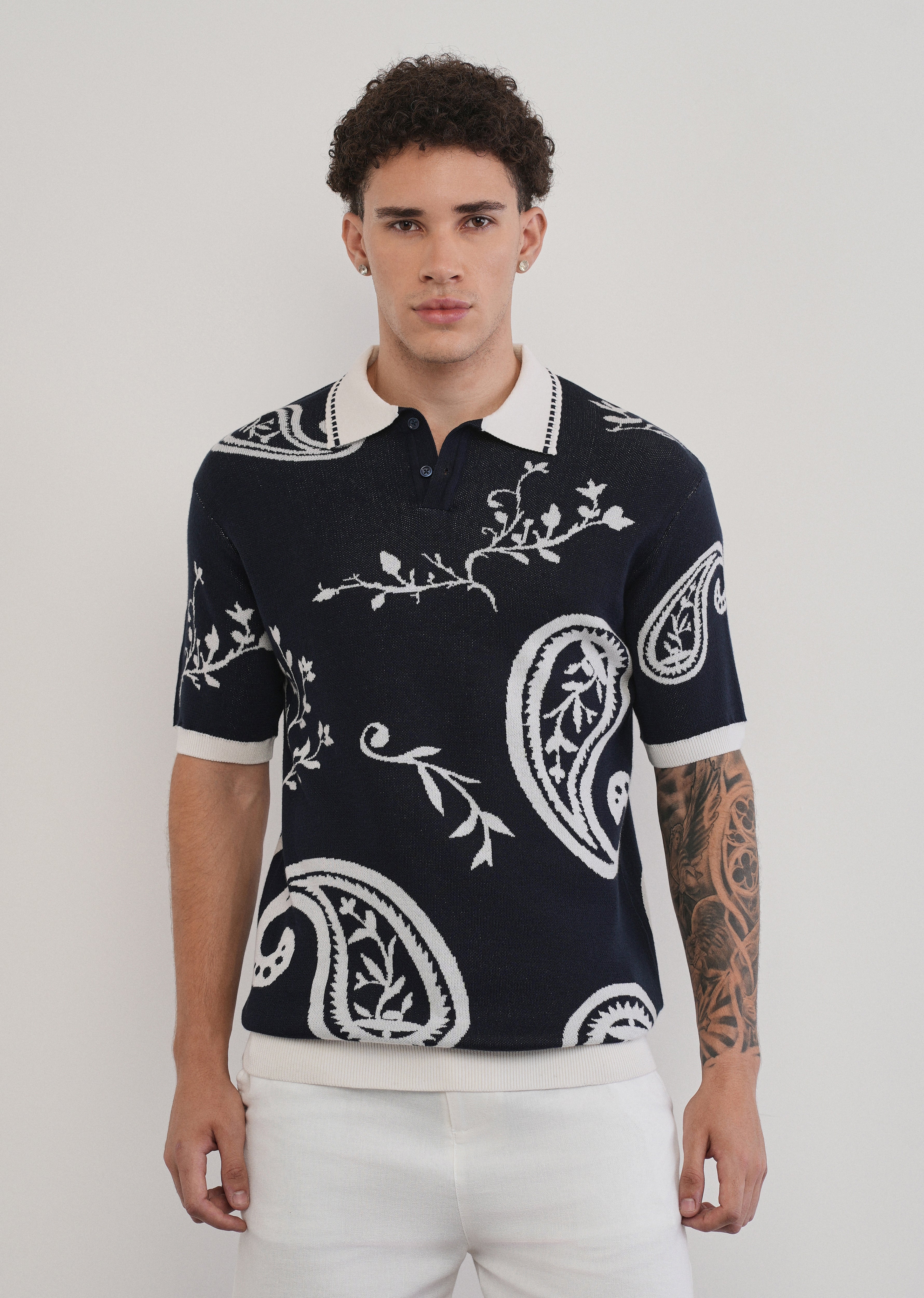Cotton Navy Paisley Knitted Polo