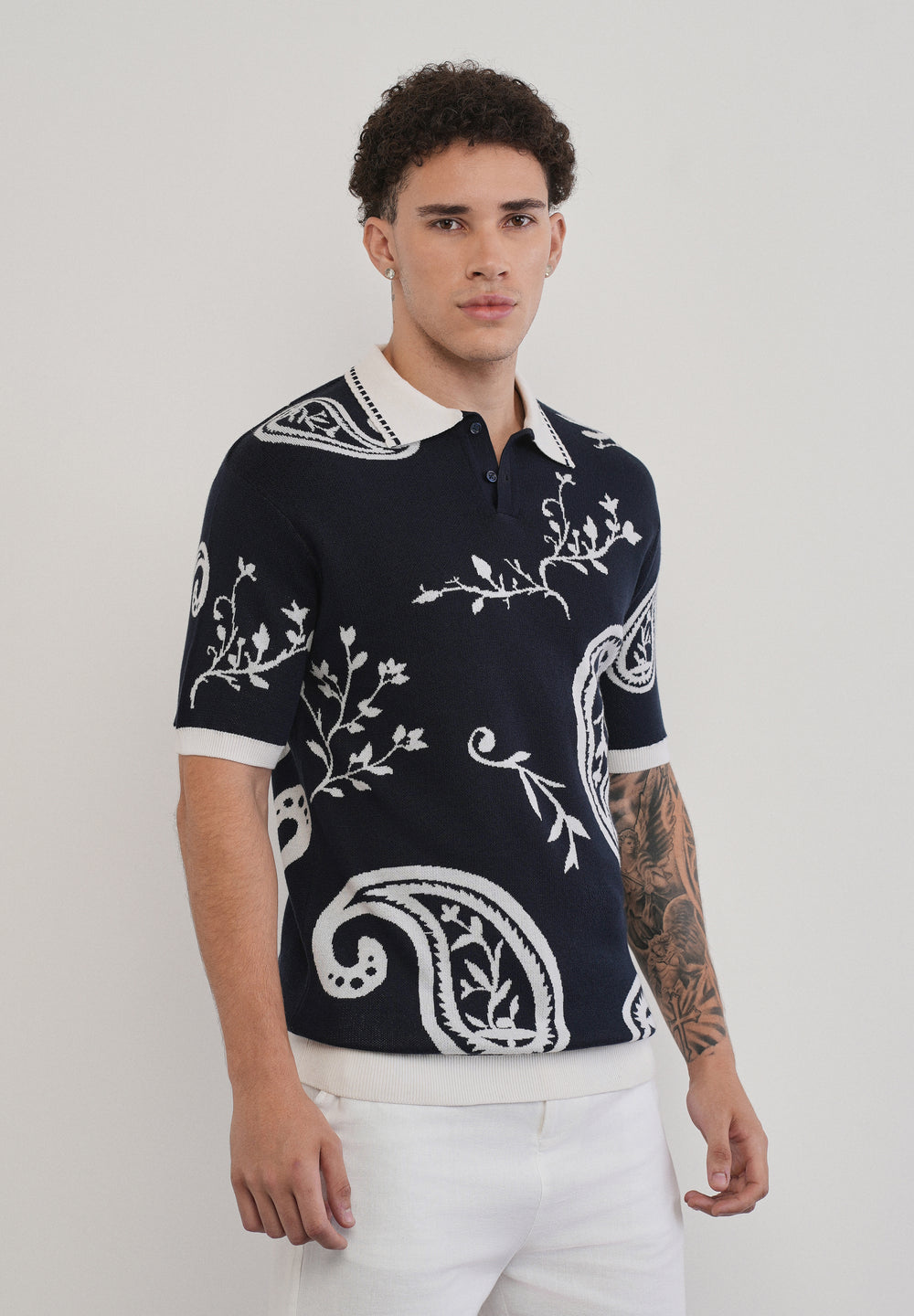 Cotton Navy Paisley Knitted Polo