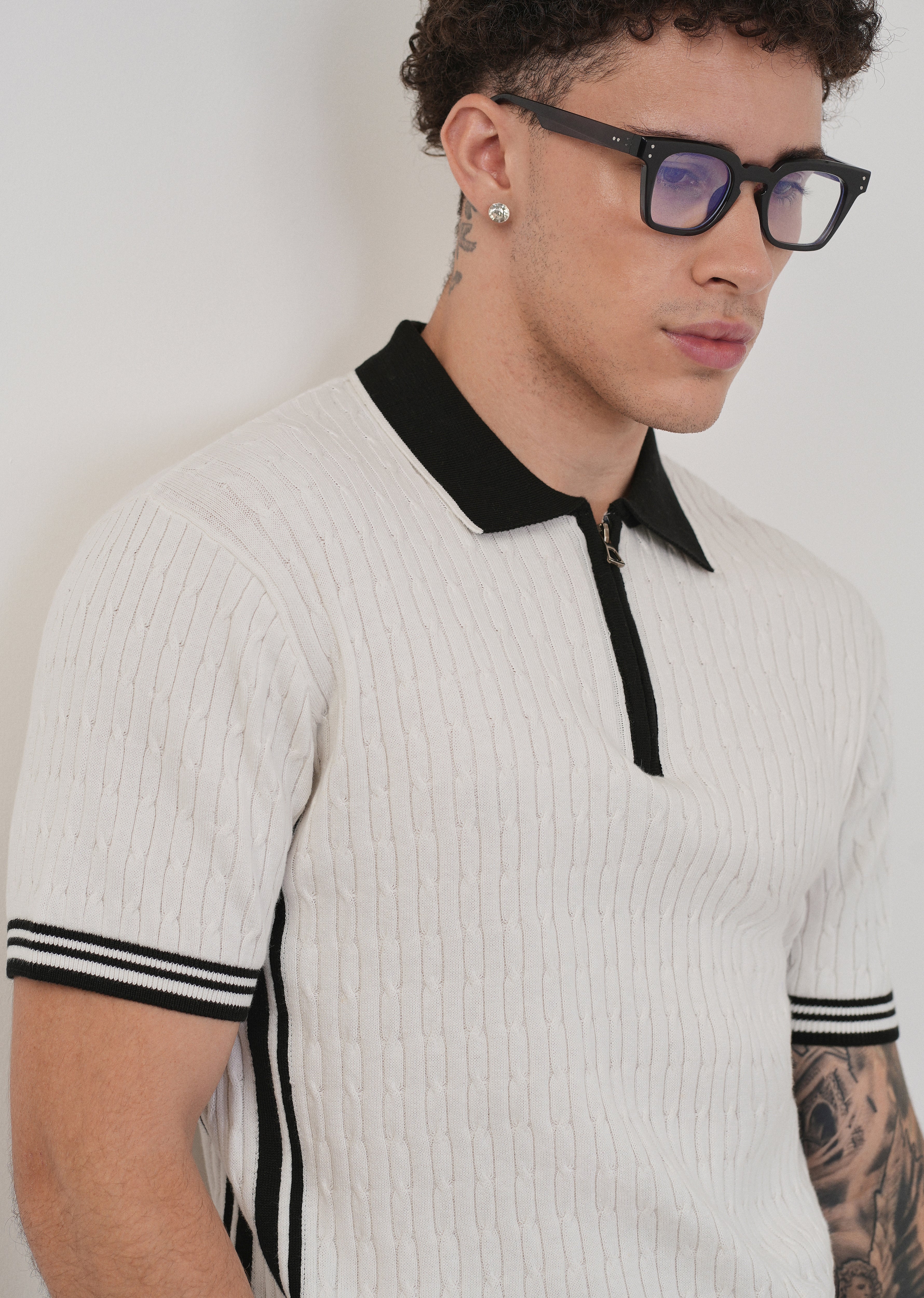 Cotton Quarter Zipper Cable Knitted Polo