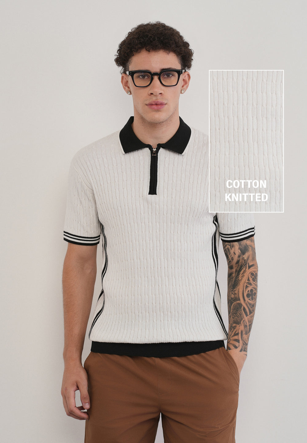 Cotton Quarter Zipper Cable Knitted Polo