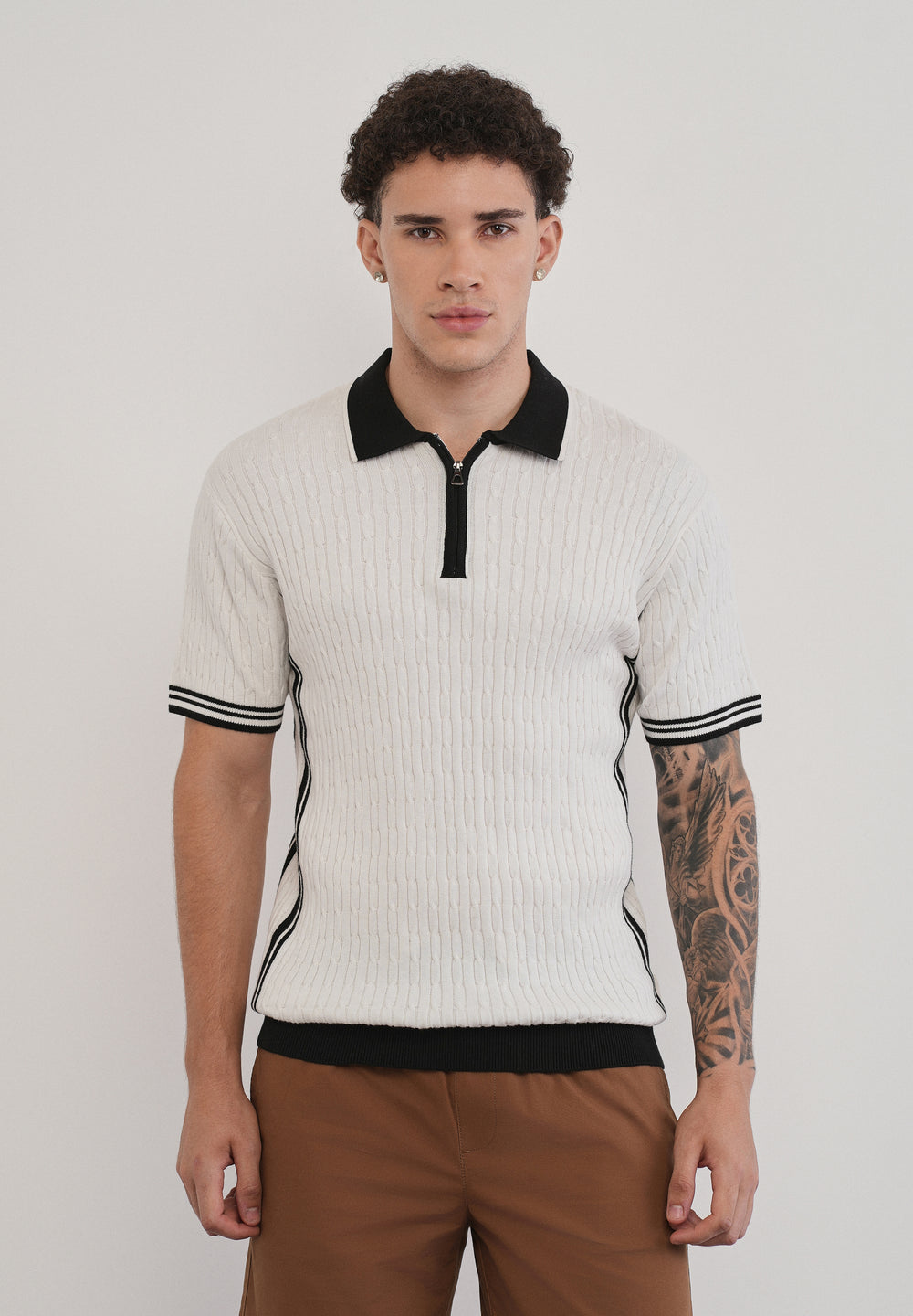 Cotton Quarter Zipper Cable Knitted Polo