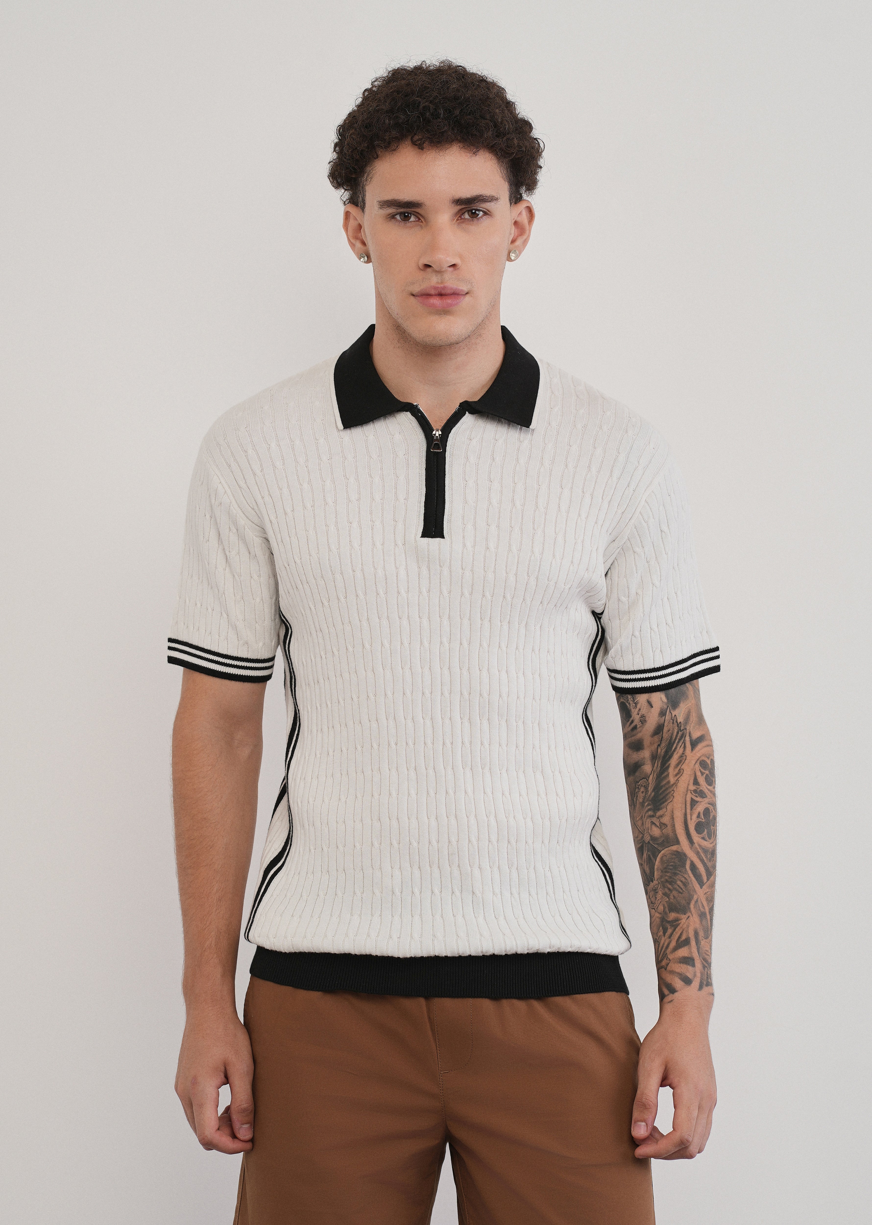 Cotton Quarter Zipper Cable Knitted Polo